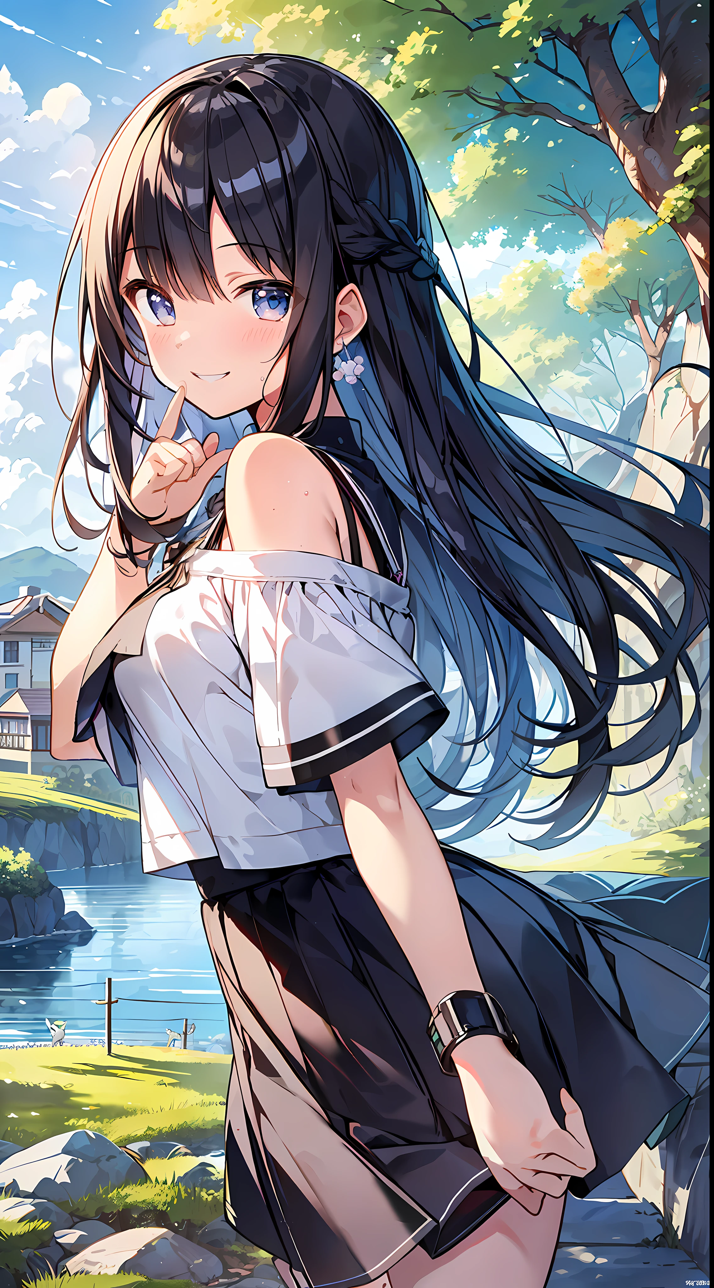 Top Quality, Masterpiece, Ultra High Resolution, 8K, Summer Sky, Early Summer, (Flared Skirt, Blouson, Sneakers), Shojo Manga Style , One, Soft Line Art, Digital Enhancement, Shojo Manga Touch, Shojo Manga Core, Flowing Fabric, Close Up, (Hair length and short braid to the shoulders)), Wet hair, Soft drawing, Beautiful black hair, Clear eyes, ((teasing smile)), Ultra-detailed digital anime art, clear face depiction, ultra-detailed shoujo manga character art, clear facial features, ultra-detailed manga style, top quality colors, hand gestures, landscape with nature, looking up at the sky, foot-up angle