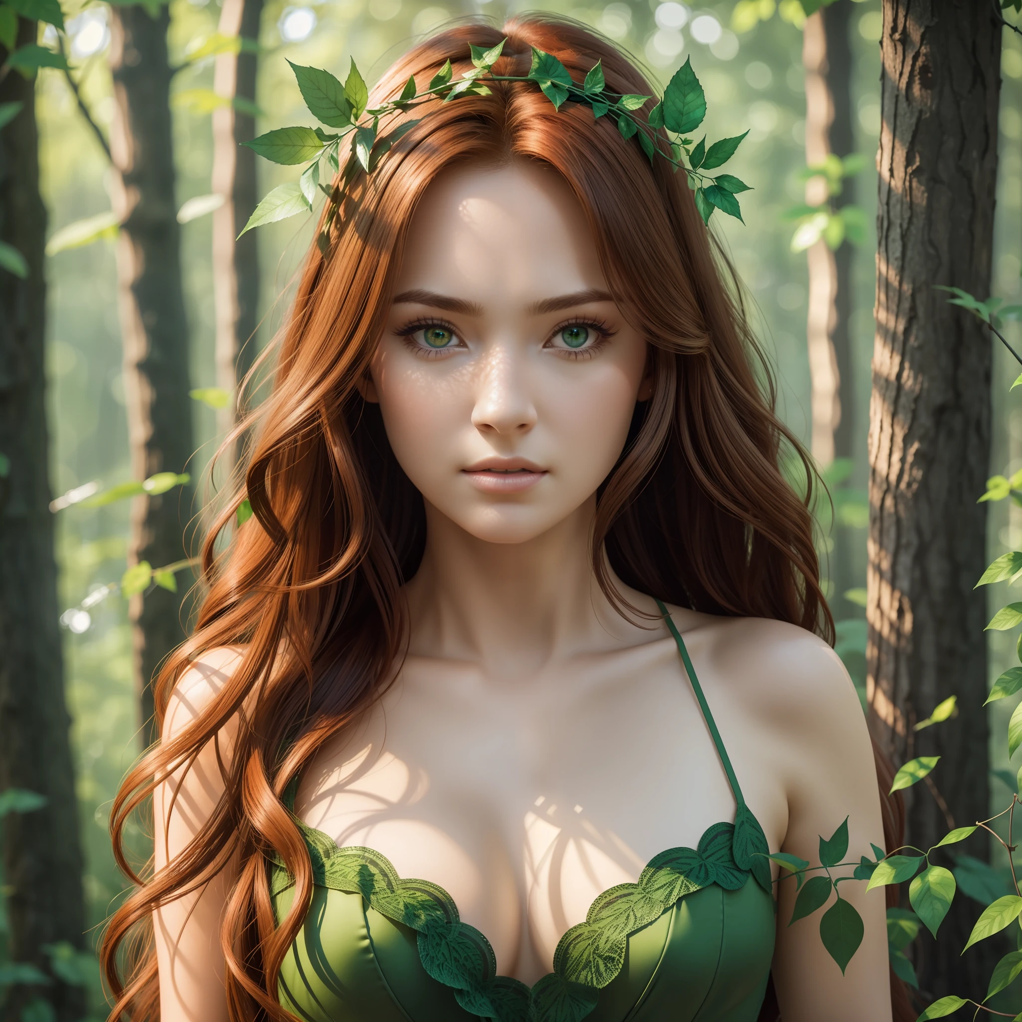 masterpiece, (photorealistic:1.5), pov, cinematic lighting, depth of field, ray tracing, 8k, extremely detail, high quality, realistic eyes, best quality, beautiful lighting, professional lighting, poison ivy, red long hair, real hair movement, green eyes, green dress, leaf crown, forest, standing, morning, back lighting, Cute expression, Flawless Face, Eye catching face, Most beautiful woman