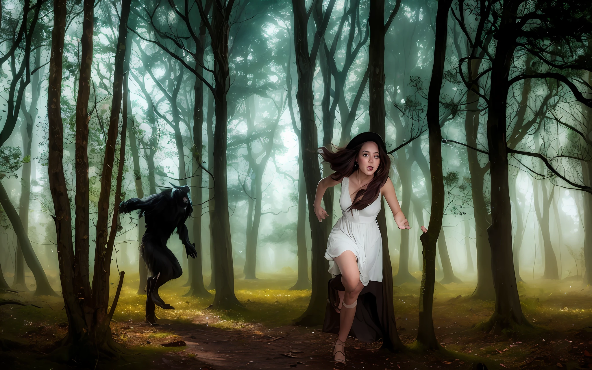there is a woman in a white dress walking through a forest, runs away from men on the forest, in a spooky forest, witch in the woods, prowling through the forest, the horror in the woods, inspired by Samuel Hieronymus Grimm, forest and fear, eerie moorlands behind her, galloping through the forest, haunted forest, inspired by Tom Chambers