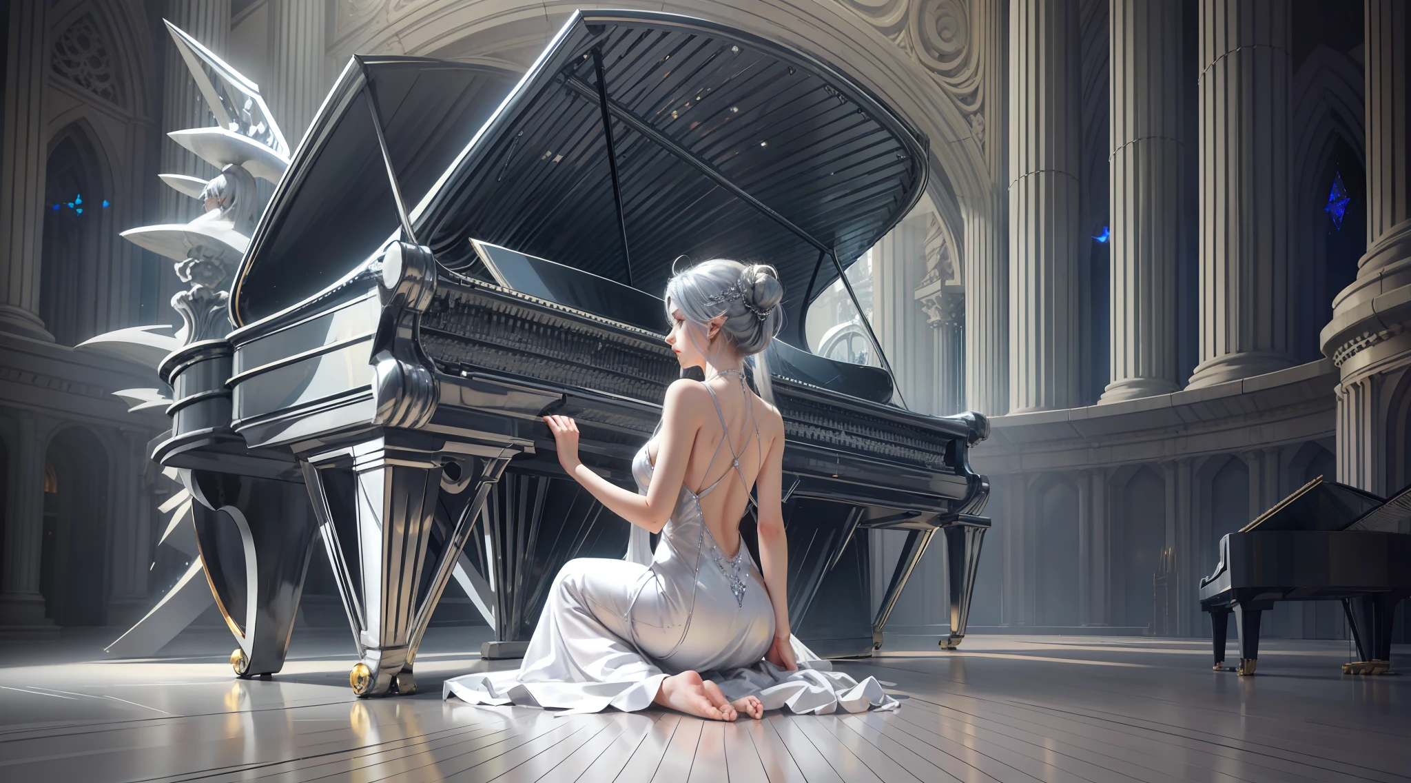 Silver-haired elf girl, with her hair coiled, wearing a silver-gray evening dress, sitting on a stool and playing the piano elegantly, a crystal piano, the piano occupies the whole picture horizontally, In the auditorium, center of the stage, with your back to the camera, magic, reference comic ghost knife,