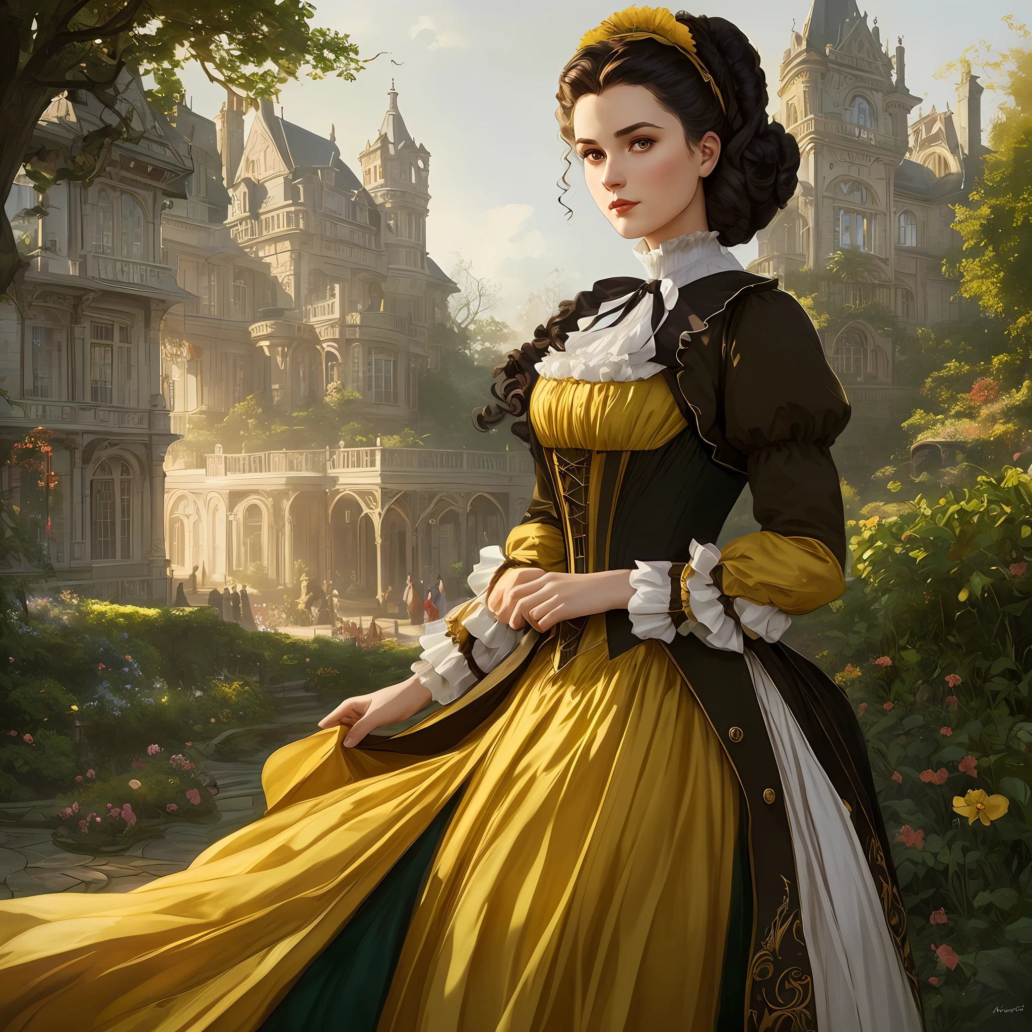 masterpiece full body 1stunning delicate and curvy young woman 20 years old, wearing british victorian lady riding outfit, yellow dress, ruddy skin, dark brown straight medium hair, detailed perfect almond-shaped emerald green eyes, perfect sensual and full lips, resemblance to scarlett ohara, ((sunny victorian mansion garden background)), cover, hyperdetailed painting, luminism, Bar lighting, complex, 4k resolution concept art portrait by Greg Rutkowski, Artgerm, WLOP, Alphonse Mucha: a stunning realistic photograph
