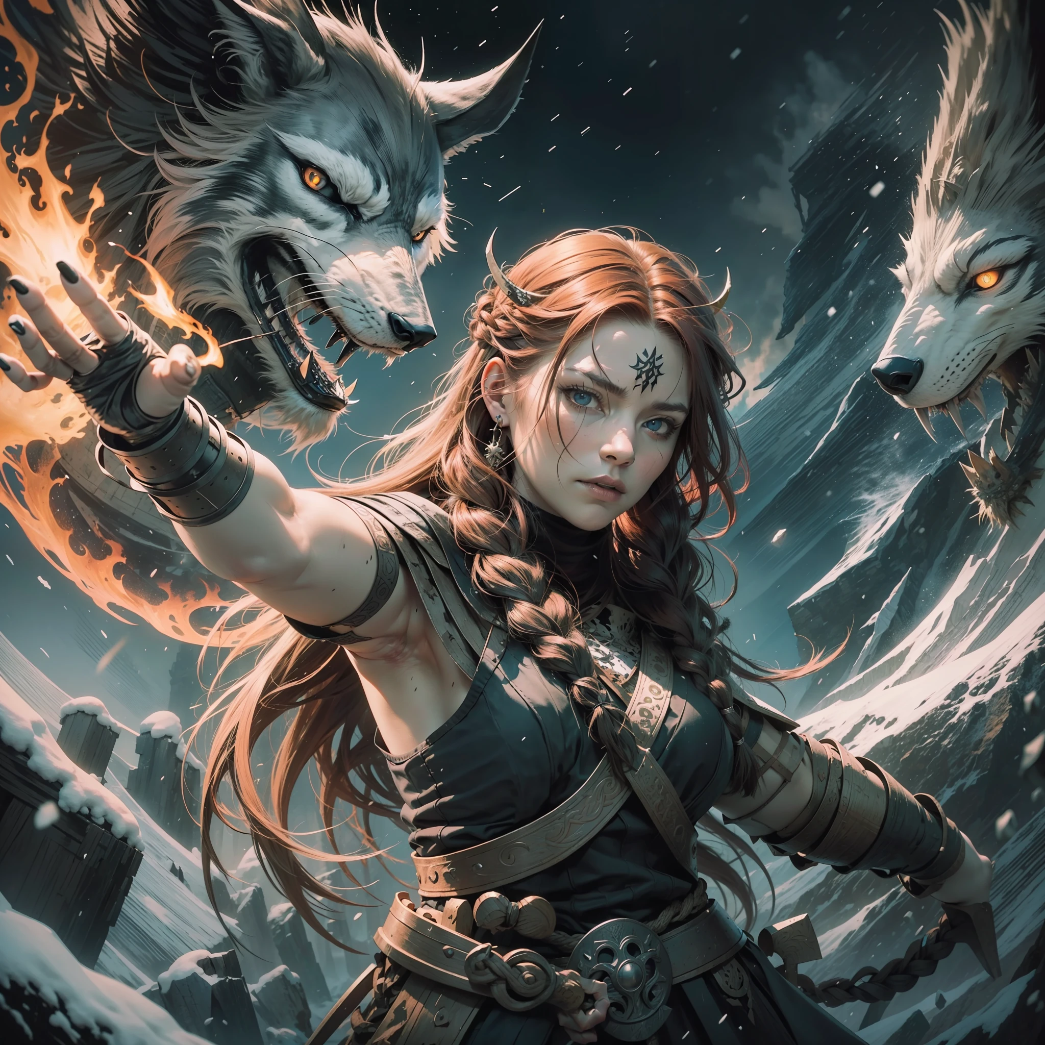 a viking warrior playing with wooden puppets,very black outline,expression of seriousness,viking,big black nails,redhead,flowing hair braided and messy,bruised and scratched body,snow,mountain,fire,wolf,vikings,flying black crow,nordic,valhalla,nordic runes,hand drawn,illustration,art nouveau,tarot cards