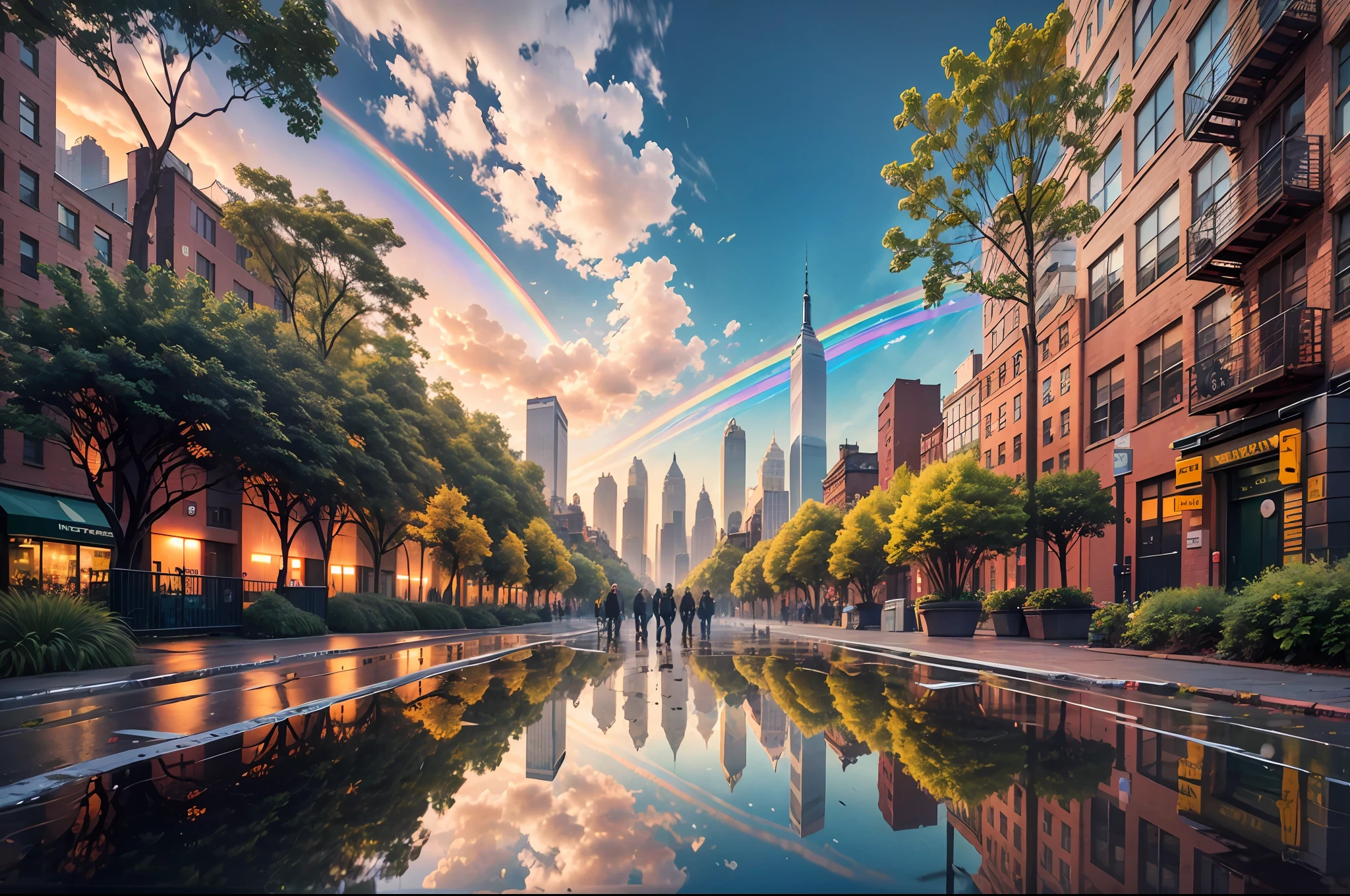 An enchanting photograph showcases the dazzling colors of a rainbow mirrored in a puddle on a lively New York City street. The iconic skyline, including the Empire State Building, is visible in the background, while the reflections of yellow taxis and bustling pedestrians add a dynamic sense of energy to the scene. The contrast between the concrete jungle and the ethereal beauty of the rainbow creates a visually stunning image. Captured with a Nikon Z7 II and a Nikon Z 24-70mm f/2.8 S lens. --auto --s2