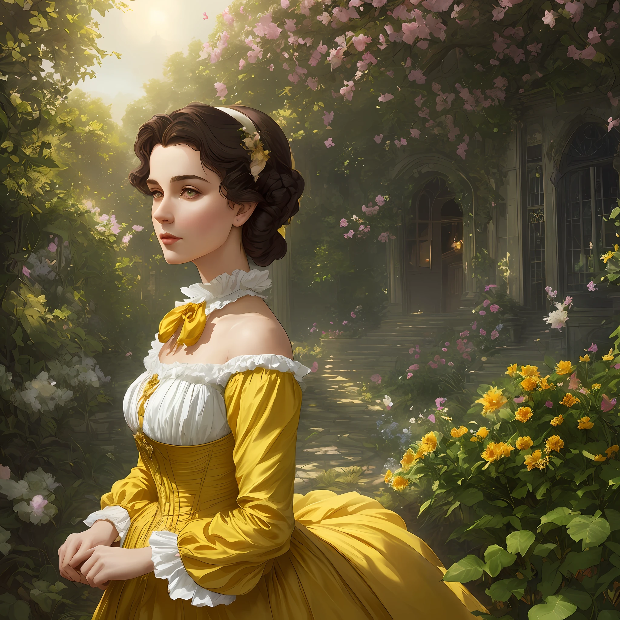 masterpiece full body 1stunning delicate and curvy young woman 20 years old, wearing british victorian lady riding outfit, yellow dress, ruddy skin, dark brown straight medium hair, detailed perfect almond-shaped emerald green eyes, perfect sensual and full lips, resemblance to scarlett ohara, ((sunny victorian mansion garden background)), cover, hyperdetailed painting, luminism, Bar lighting, complex, 4k resolution concept art portrait by Greg Rutkowski, Artgerm, WLOP, Alphonse Mucha: a stunning realistic photograph
