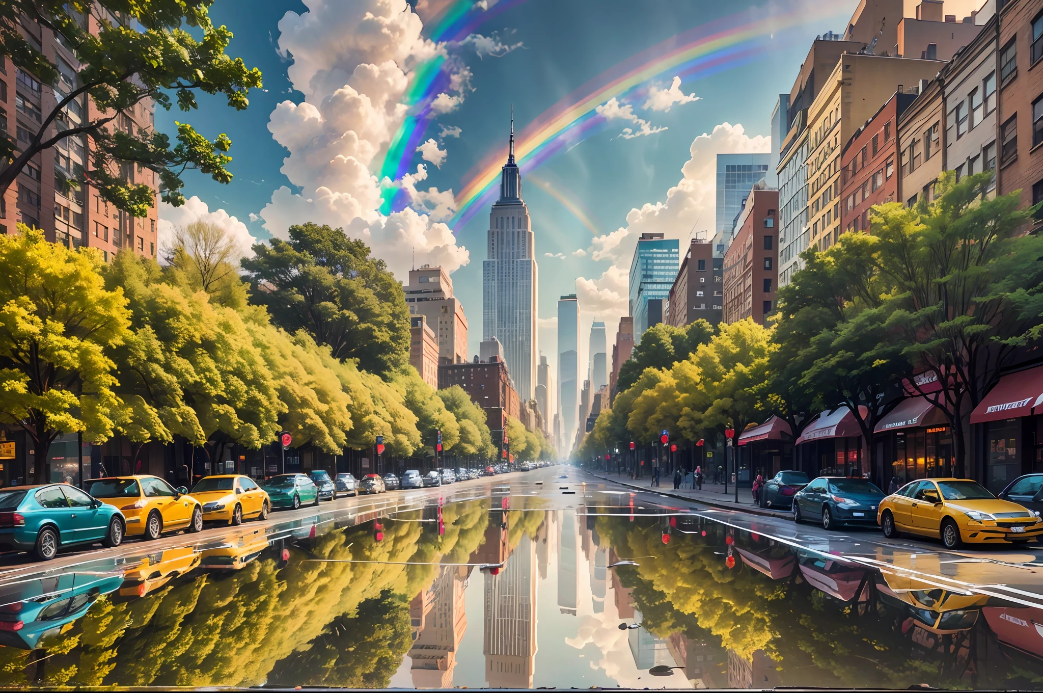 An enchanting photograph showcases the dazzling colors of a rainbow mirrored in a puddle on a lively New York City street. The iconic skyline, including the Empire State Building, is visible in the background, while the reflections of yellow taxis and bustling pedestrians add a dynamic sense of energy to the scene. The contrast between the concrete jungle and the ethereal beauty of the rainbow creates a visually stunning image. Captured with a Nikon Z7 II and a Nikon Z 24-70mm f/2.8 S lens. --auto --s2