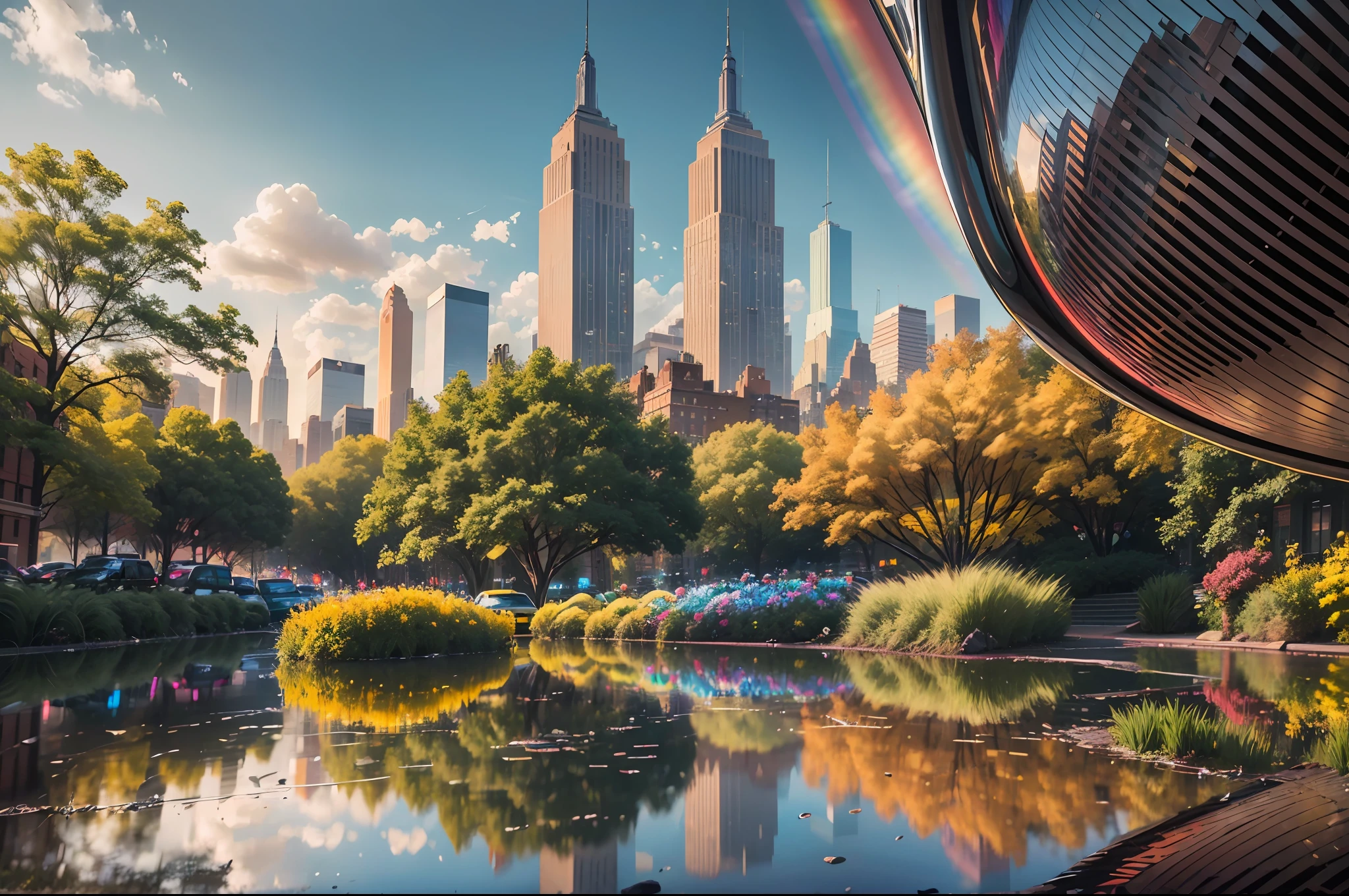 An enchanting photograph showcases the dazzling colors of a rainbow mirrored in a puddle on a lively New York City street. The iconic skyline, including the Empire State Building, is visible in the background, while the reflections of yellow taxis and bustling pedestrians add a dynamic sense of energy to the scene. The contrast between the concrete jungle and the ethereal beauty of the rainbow creates a visually stunning image. Captured with a Nikon Z7 II and a Nikon Z 24-70mm f/2.8 S lens. --auto --s2