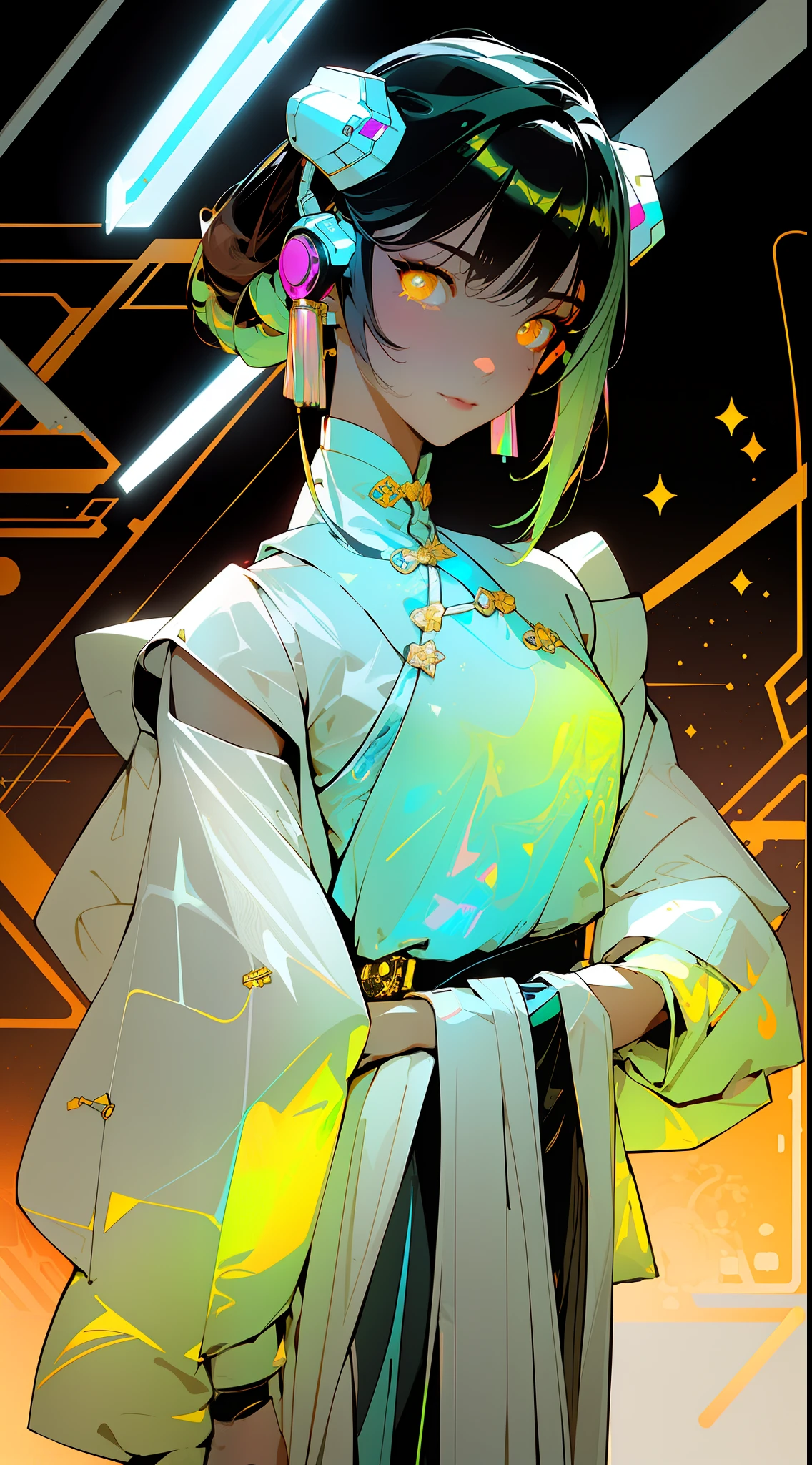 ((Cyberpunk style, robotic arm, holographic aura, surreal sci-fi art, futuristic sci-fi aesthetics)), (1 girl solo), close-up, (resolute eyes), (ancient Chinese clothes, white robe, embroidered collar Uesugi, white large-sleeved shirt, streamers), (hairpin, long black hair, weapons), (Hanfu), (clear facial features, detailed skin texture, beautiful face), white background, earrings, yellow skin, standing, (masterpiece, top quality, best quality), (((flat color))),