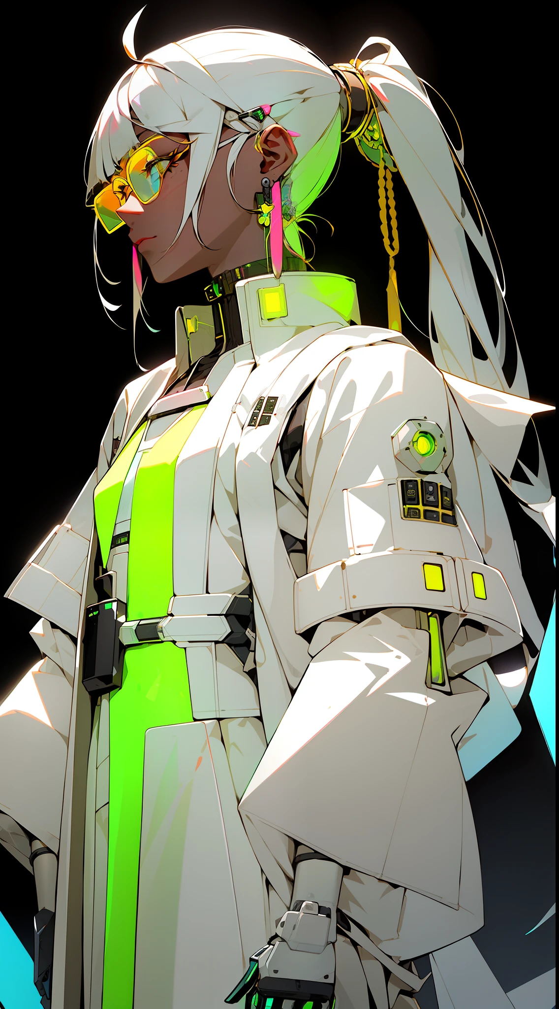 ((Cyberpunk style, robotic arm, holographic aura, surreal sci-fi art, futuristic sci-fi aesthetics)), (1 girl solo), close-up, (resolute eyes), (ancient Chinese clothes, white robe, embroidered collar Uesugi, white large-sleeved shirt, streamers), (hairpin, long black hair, weapons), (Hanfu), (clear facial features, detailed skin texture, beautiful face), white background, earrings, yellow skin, standing, (masterpiece, top quality, best quality), (((flat color))),