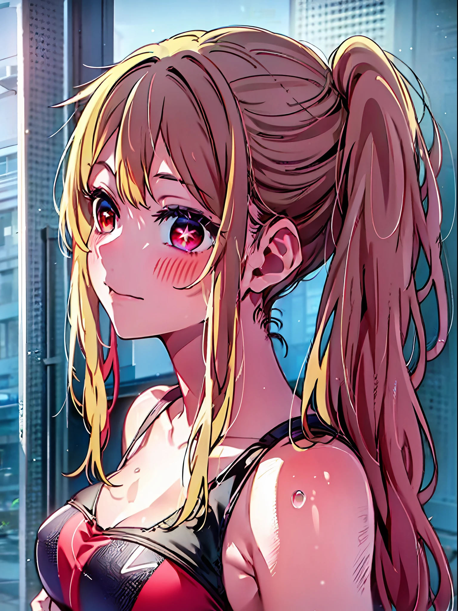 1girl (Masterpiece) (Best Quality)(Glossy hair)(Glossy skin), Ruby Hoshino, Swimsuit, 1 girl, Solo, Ruby Hoshino, Symbol-shaped pupil, (Left star pupil:1.2), Glittering eyes, (Red eyes, Left star:1.2), Symbolic eyes, Long hair, Blonde hair, Bangs, Blushing, (Side ponytail: 1.1), Idol clothes, Ruffled clothes, Yellow clothes