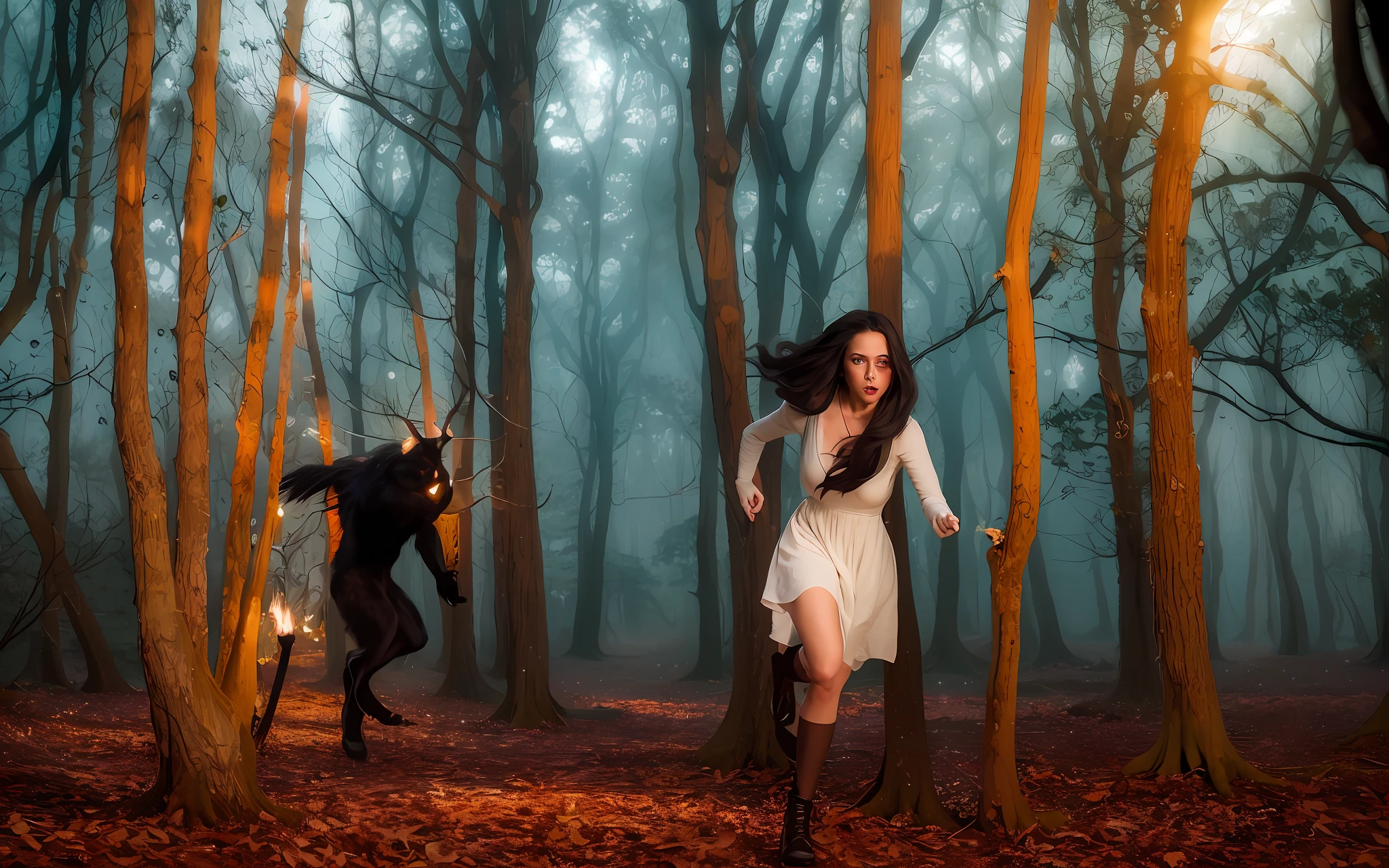 there is a woman in a white dress walking through a forest, runs away from men on the forest, in a spooky forest, witch in the woods, prowling through the forest, the horror in the woods, inspired by Samuel Hieronymus Grimm, forest and fear, eerie moorlands behind her, galloping through the forest, haunted forest, inspired by Tom Chambers