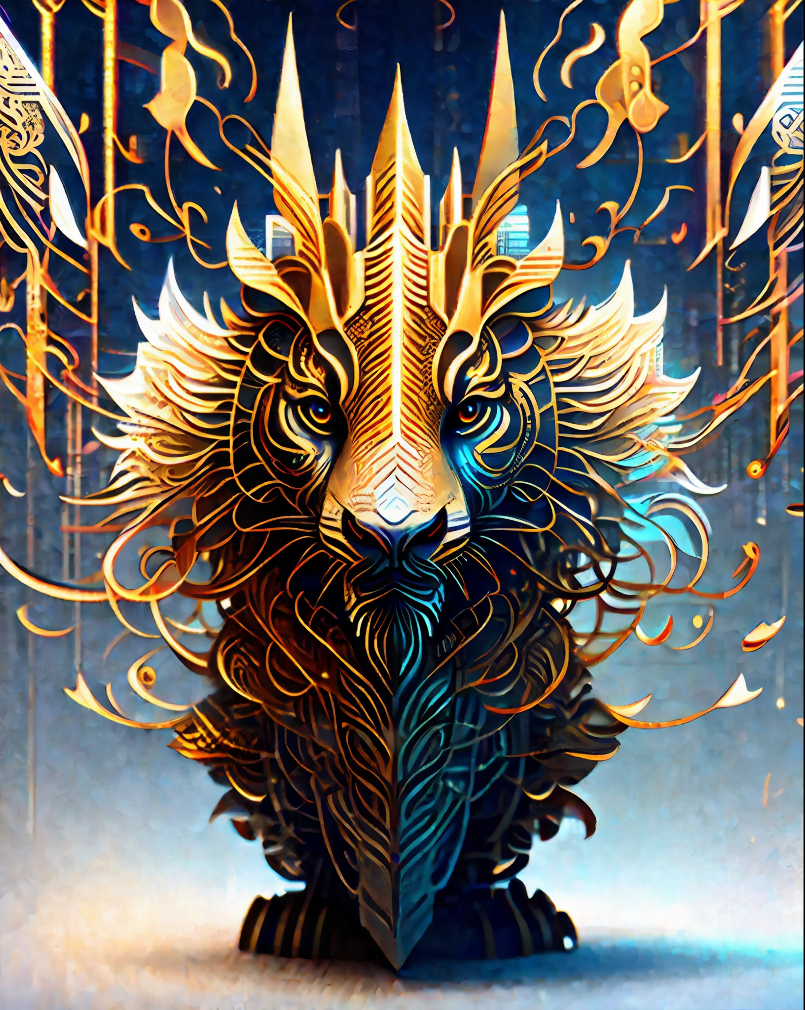 Generative Art, Intricate Patterns, Fractalism, Tiger Head and Fish Tail Combined, Wings Made of Fish Scales, Full Body, Independent Sculpture Style, Blank Around the Picture, Abstract Shape, Realistic, Vibrant Golden Scales, Intricate, Elegant, Very Detailed, White Background, Digital Painting, Artstation, Smooth, Front and Back Full HD, (Stacked Style), Illustration, Outrun, Vaporware