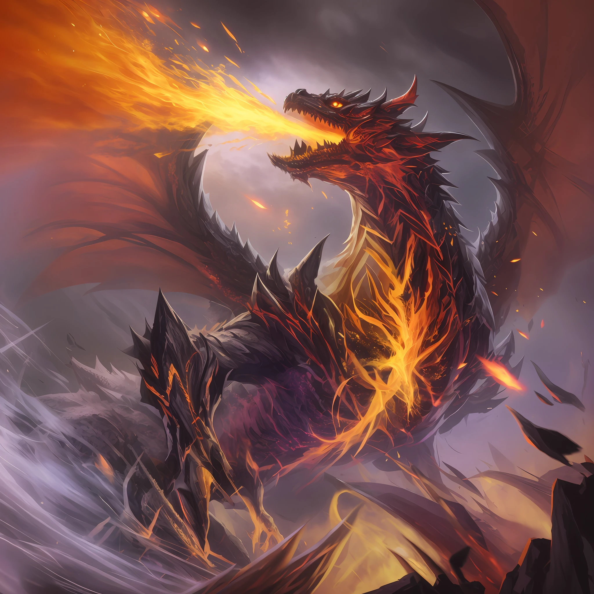 There is a dragon flying in the air, epic dragon, '' dragon breathing fire, dragon breathing fire, fire dragon, fire-breathing dragon, flame dragon snake, dragon blowing fire above, legendary dragon, fire-breathing dragon, rushing through the dragon's lair, huge dragon as background, D&D committee art dragon, dragon art, (Epic Photography: 1.3) (Dark Scene: 1.2) with moody side light, (Edge light: 1.2) Silhouette, (Giant dragon face: 1.3) in smoke, (Embers: 1.2) Glow in his nostrils, low flame glowing in his mouth, (Detailed glowing eyes: 1.1) Haunting gaze (HyperSmoke: 0.4) (Unddep_768:0.4) (UTIL_ PortraitHelper: 0.6) Award-winning VFX (STY_mjgs:0.3) (STY_MJ_dgtlv2:0.3) by weta digital and Houdini smoke simulation wavelets (:0.3) KC16-v3-6250 (STY_rzminjourney:0.3) Rule of Thirds Reflecting Fibonacci Spiral Composition, Hasselblad Fuji Medium Format, Carl Zeiss, Amazing Contrast, Incredible Dynamic Range