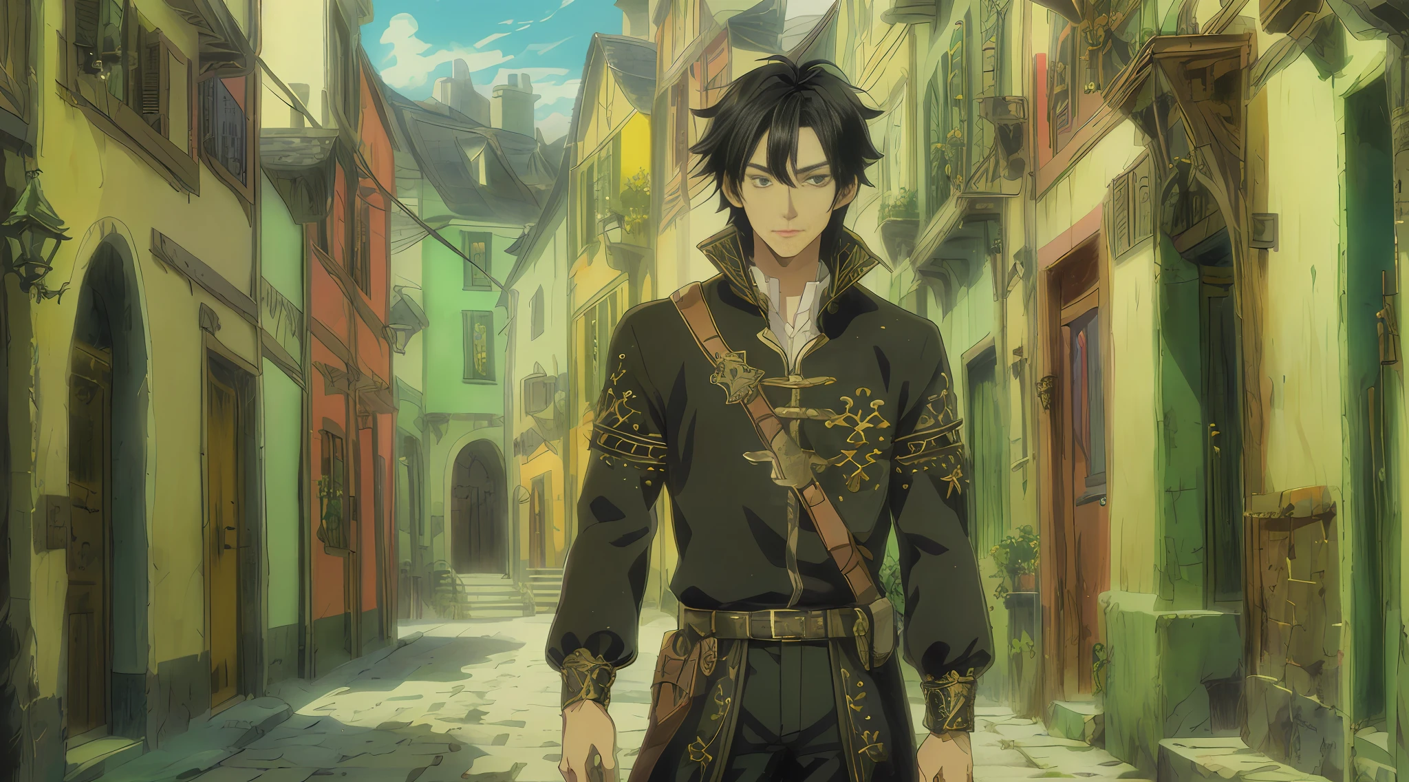 (black hair:1.2,green eyes:1.1) Male anime character,(8k+ultra-detailed+best quality),(medieval),(concept art),(adornments),medieval armor,(brunette:1.15),suitable background.