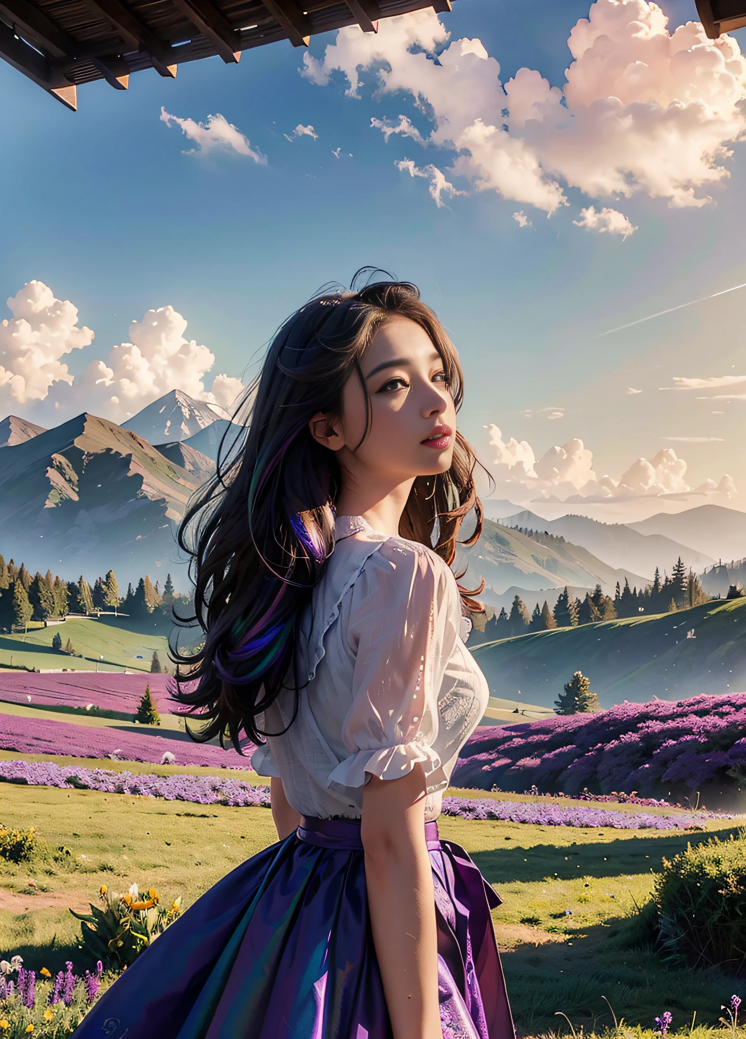 expansive landscape photograph , (a view from below that shows sky above and open field below), a girl standing on flower field looking up, bright sunny day (clouds:1.2), distant mountain, tree BREAK
production art, lot of purple and orange, intricate details, volumetric lighting, realism BREAK
(masterpiece:1.2), detailed shadows, (best quality), 4k, ultra-detailed, (dynamic composition:1.4), highly detailed, colorful details,( iridescent colors:1.2), (glowing lighting, atmospheric lighting), dreamy, magical, (solo:1.2)