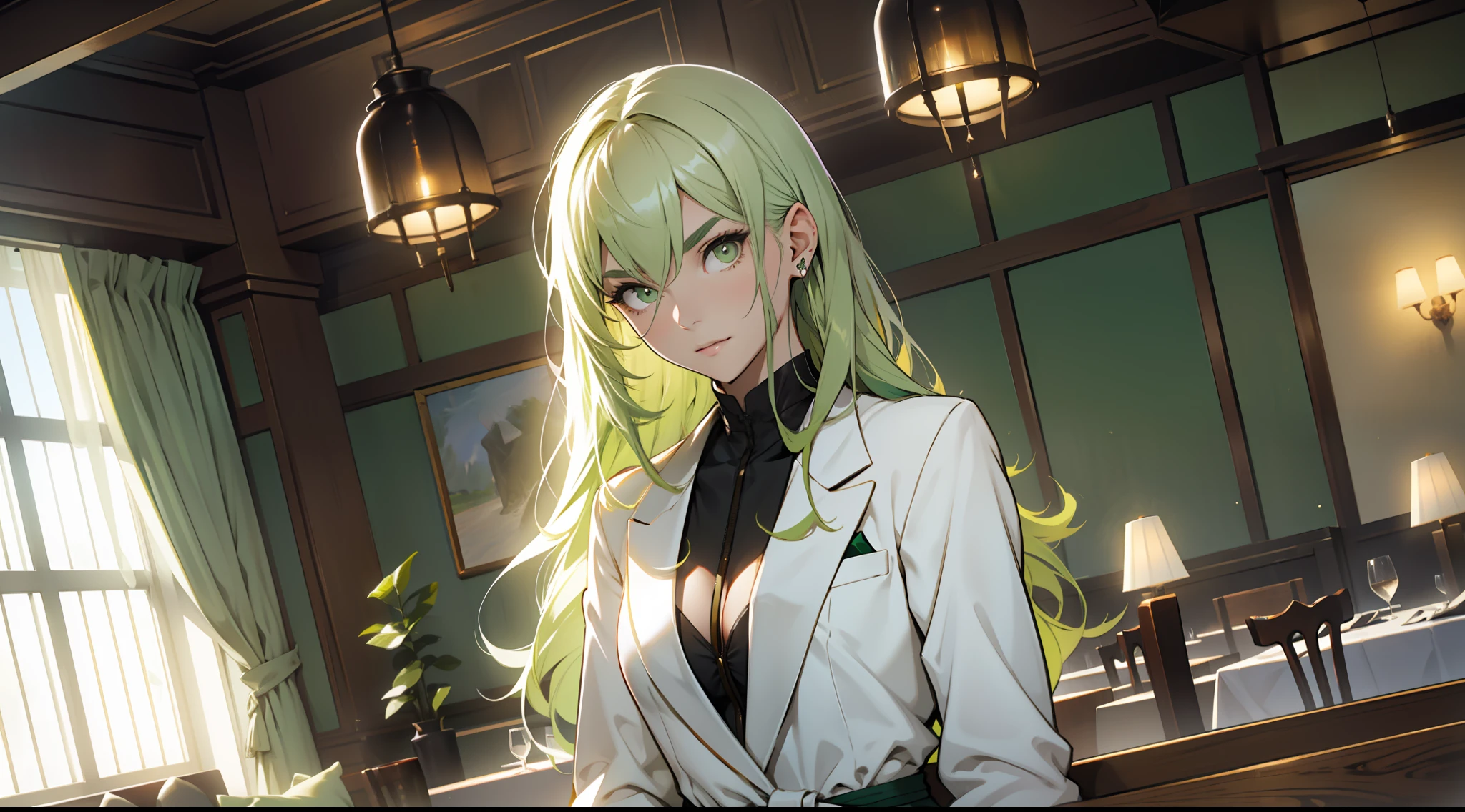 A girl, long green hair, delicate facial features, white suit, fair skin, eyebrows like green mountains, bright eyes, thin waist, in a high-end restaurant