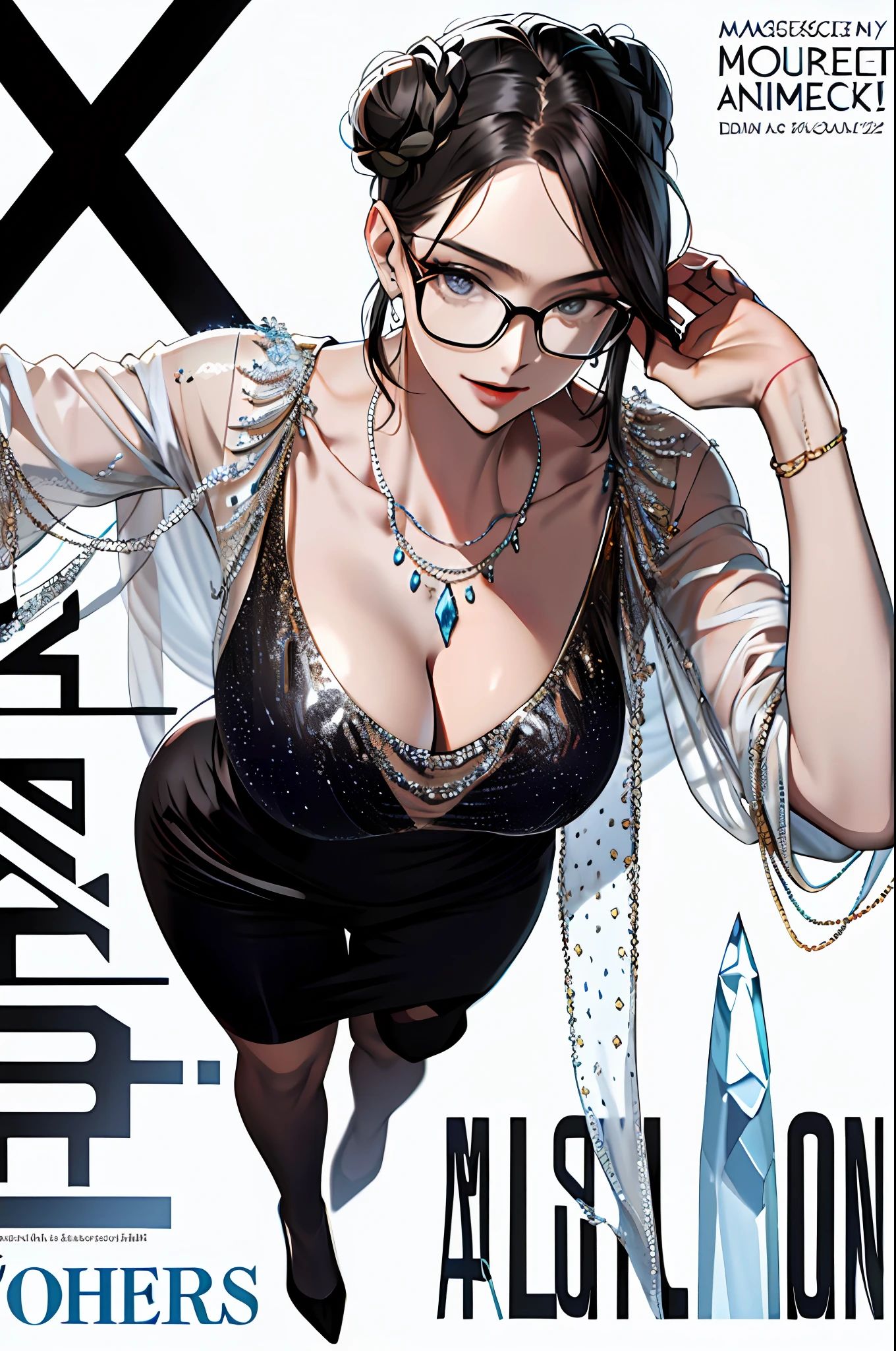 (Magazine cover: 1.3), (Reality: 1.3) (Original: 1.2), Masterpiece, Best Quality, Beautiful Clean Face, Full Body, 1 Woman, Perfect Proportions, Large Tits, Cleavage, (Crystal Necklace), Pose Photo, (White Braided Bun Hair), Glasses