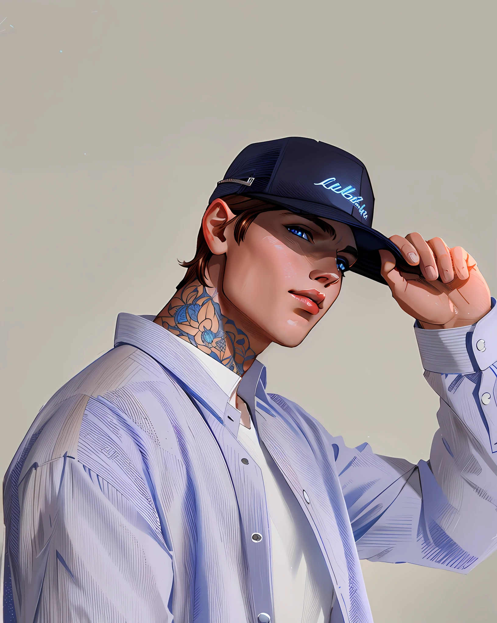 (HD, Ultra Detailed) handsome man light brown hair, blue eyes, fleshy lips, bad boy, 8k resolution