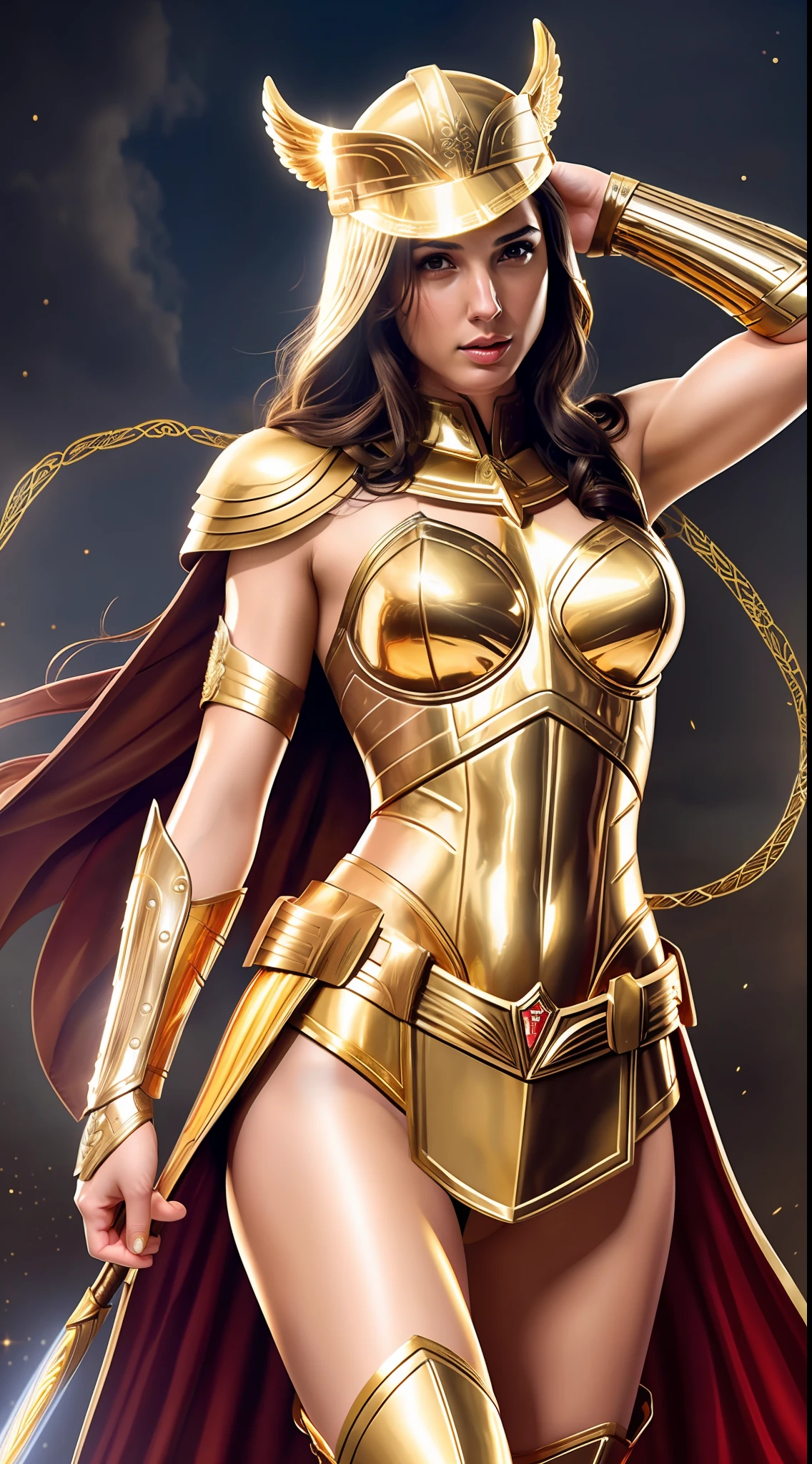 Gal gadot, (perfect ???????), (perfect face and eyes) (undeformed eyes) golden goddess Athena, armor covers the whole body, full armor great details, art, whole body, with gold cowboy lace at the waist, artwork, full body, with golden boots, muscular body.