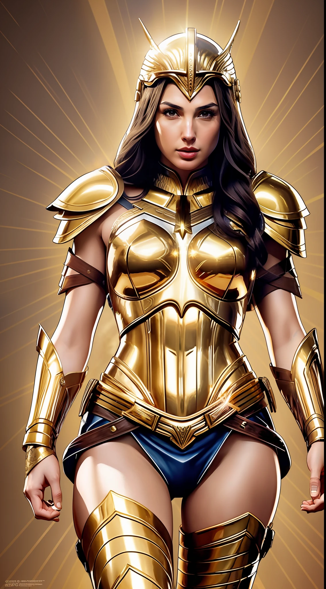 Gal gadot, (perfect anatomy), (perfect face and eyes) (undeformed eyes) golden goddess Athena, armor covers the whole body, full armor great details, art, whole body, with gold cowboy lace at the waist, artwork, full body, with golden boots, muscular body.