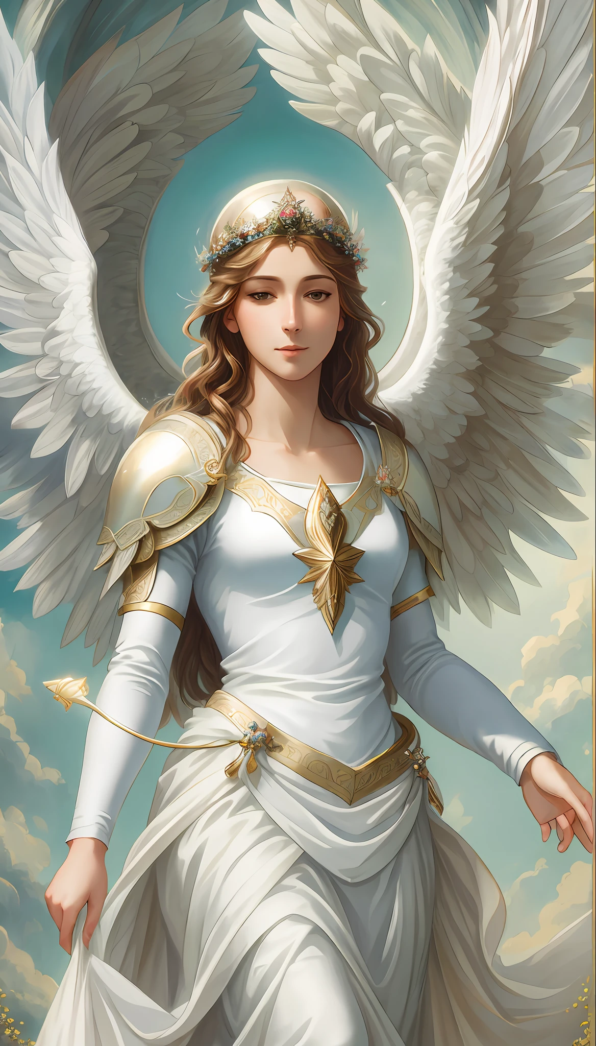 An ethereal and dreamy depiction of a beautiful Saint Michael the Archangel, surrounded by a soft and gentle atmosphere that highlights her graceful and delicate nature, halo, artstation, digital painting, trending, warm colors