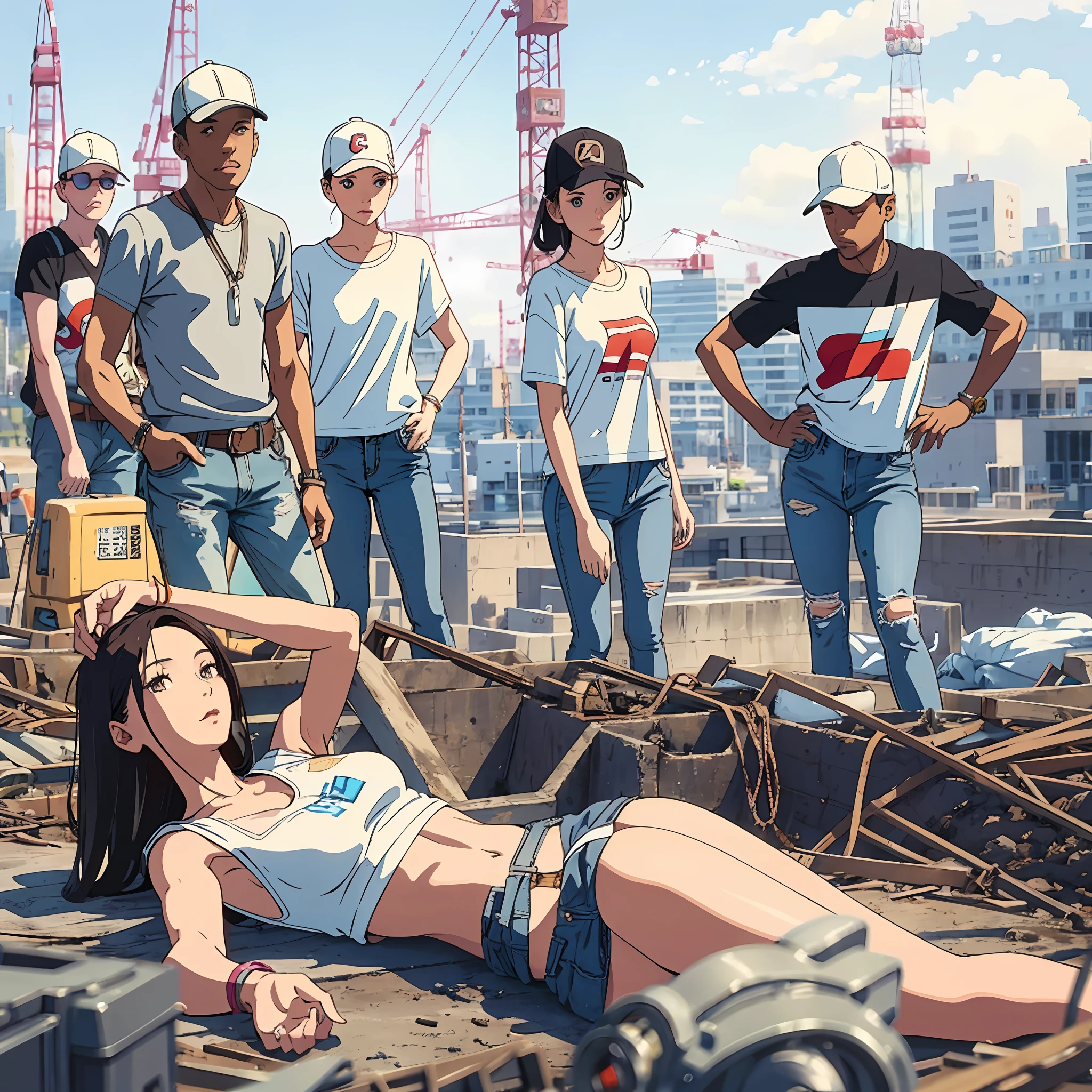 Girl in white bra and tight denim skirt posing for photo, full body, with cropped T-shirt, bra, slim body, smaller bust, slim girl model, 24-year-old female model, lying on the construction site, a group of black men onlooking --auto --s2