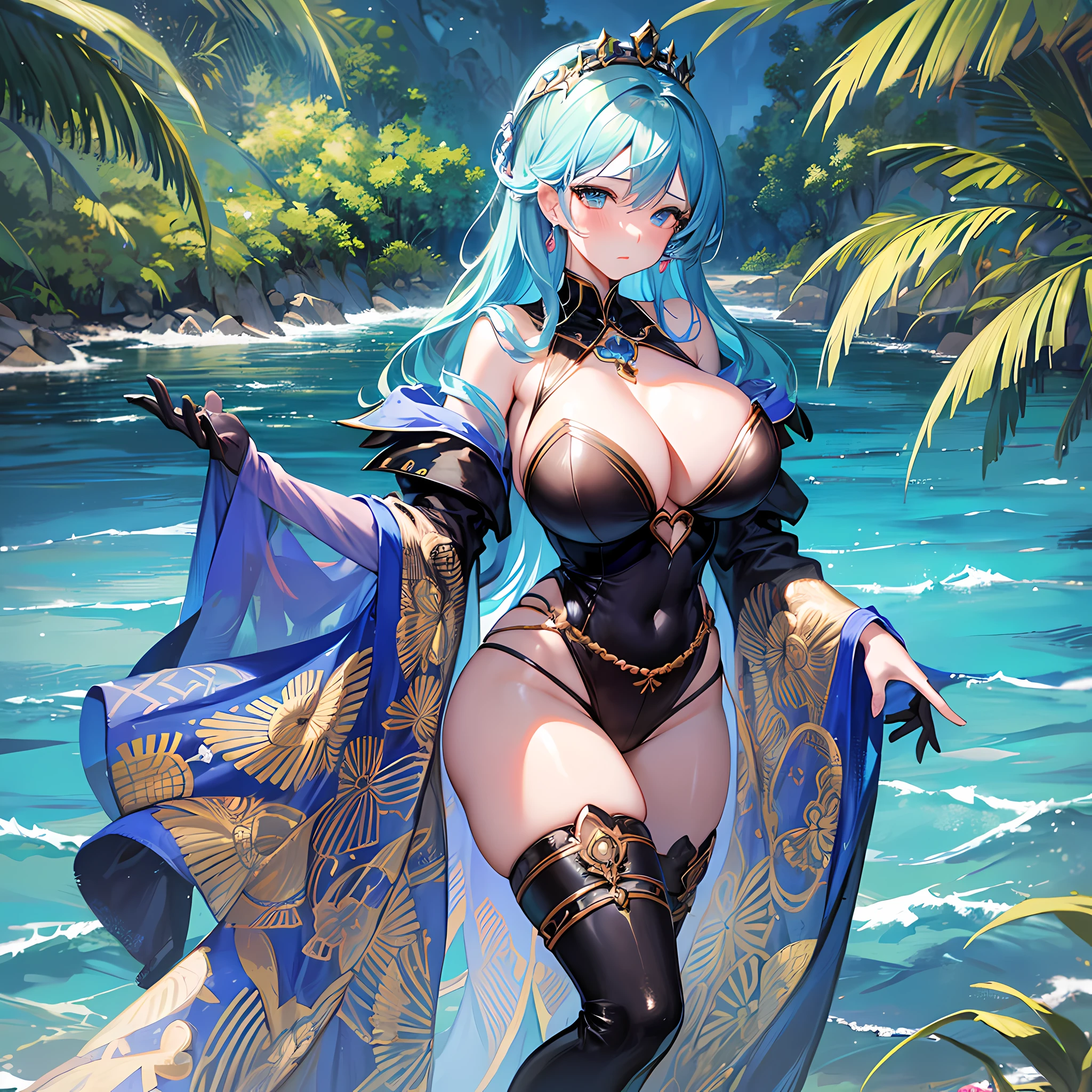 Big-breasted queen, perfect slim body, mature royal sister, blue hair, royal sister face, black face, open-chest outfit, sexy and alluring, beautiful face, full body portrait, 4K picture quality, big, feminine expression, blush shy, large bust, ocean temple, turquoise water, ((beautiful eyes)), side face