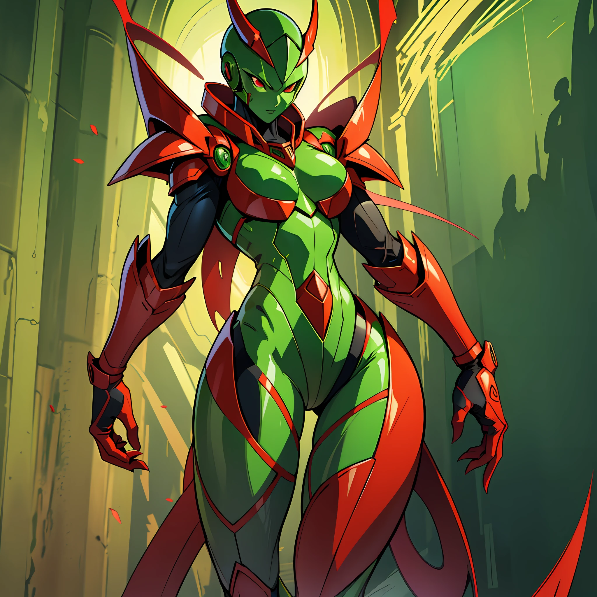 Cartoon photo of woman in green and red costume, hot insect humanoid woman, Guyver style, SFW version, red eye, scaraber reploid, tail, cel shade adult animation, alien queen, serpentine pose, --auto --s2