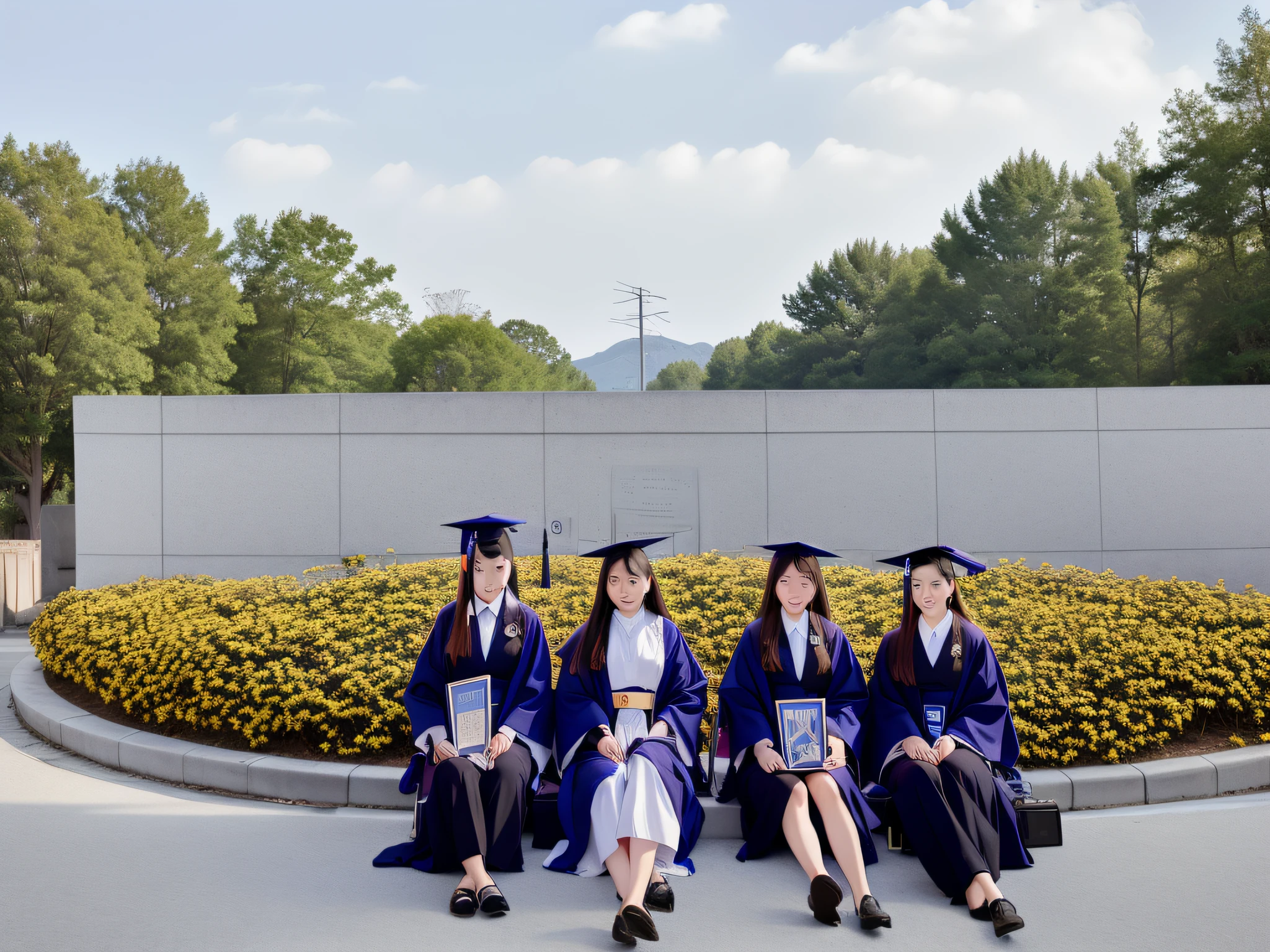 four girls sitting on the ground holding up blue books, graduation photo, photo taken in 2 0 2 0, 2 0 2 2 photo, group photo, taken in 2 0 2 0, taken in 2022, 2019, 2 0 1 9, wearing an academic gown, li zixin, wu liu, zun, blue robes