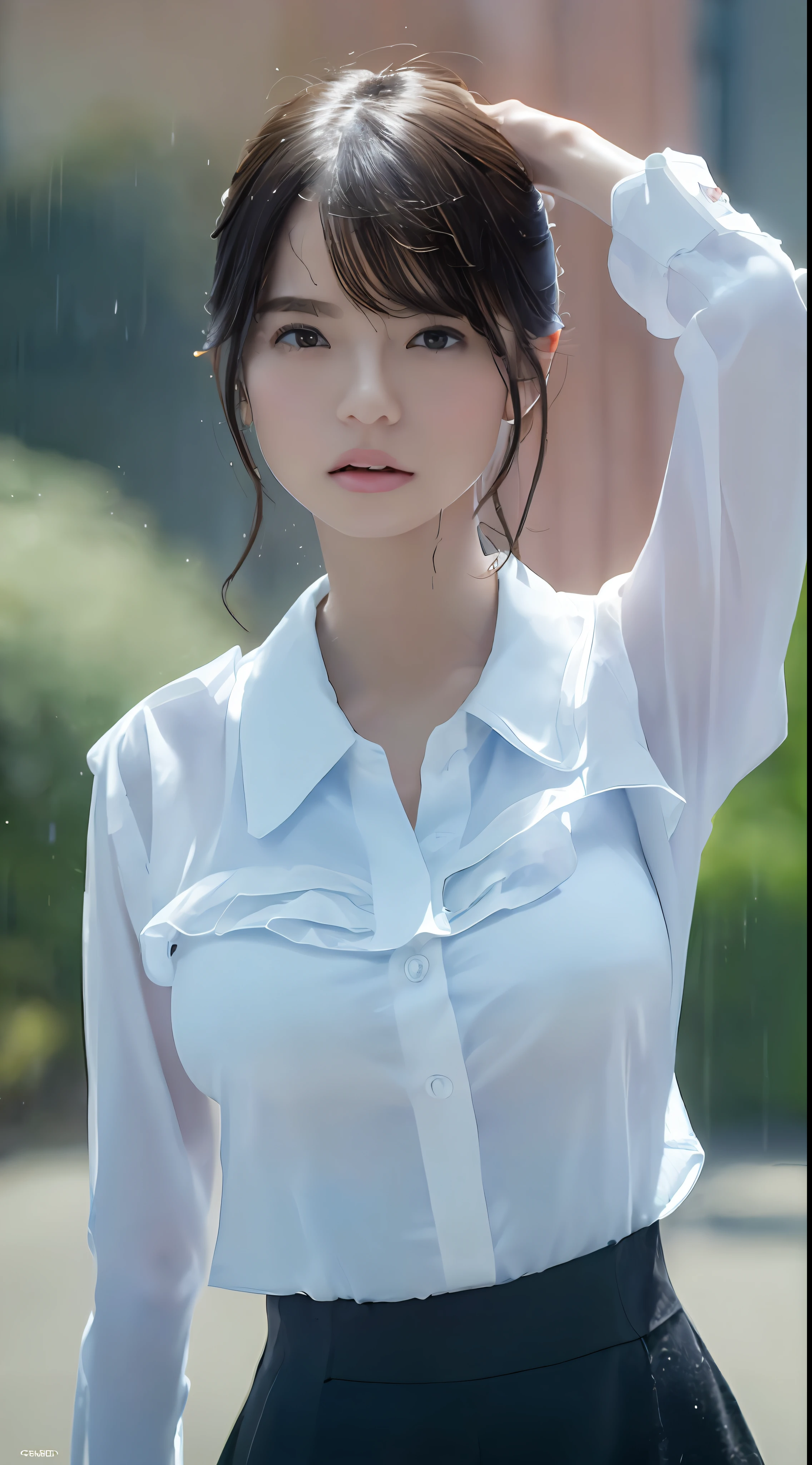 ((Best quality, 8k, Masterpiece :1.3)), Sharp focus :1.2, A pretty woman with perfect figure :1.4, Slender abs :1.2, ((Layered haircut, Big breasts :1.2)), (Wet white button up long shirt :1.1), (Rain, Street:1.2), Wet body :1.5, Highly detailed face and skin texture, Detailed eyes, Double eyelid