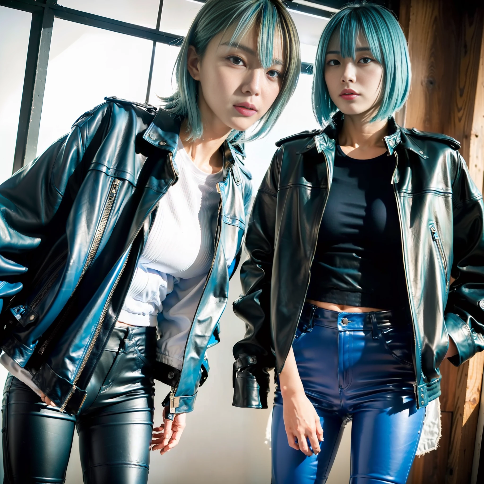 (((Masterpiece)))), ((((highest quality)))), ((Real)))), (8K)))))), (Japan female), (Beauty)))))), 18 years old, (((boyish)))), (super tall)), (super big breasts)))), looking at the camera, ((close-up)), (All light blue))))), (Light blue hair))), (shortcut), ((riders jacket)), ((leather pants)), ((leather boots)), (natural light)