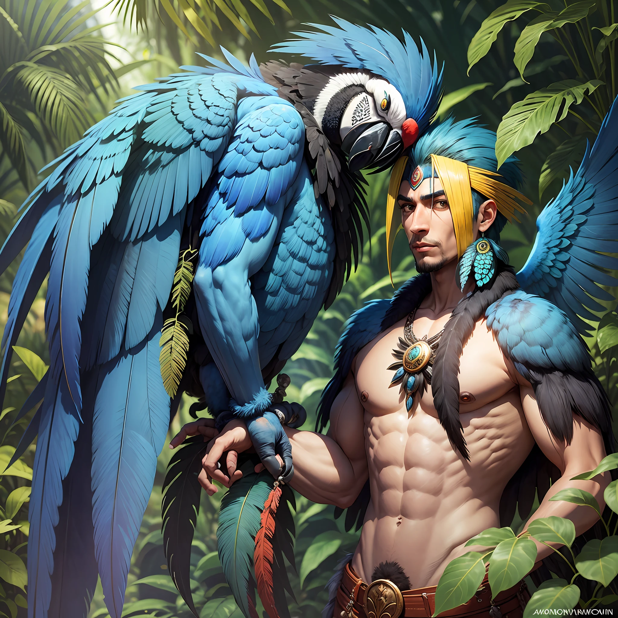 Anthropozoomorphic humanoid god blue macaw with macaw wings and macaw face and human body, sacred guardian of the forest, Brazilian, divine amazonian scenario, --auto --s2