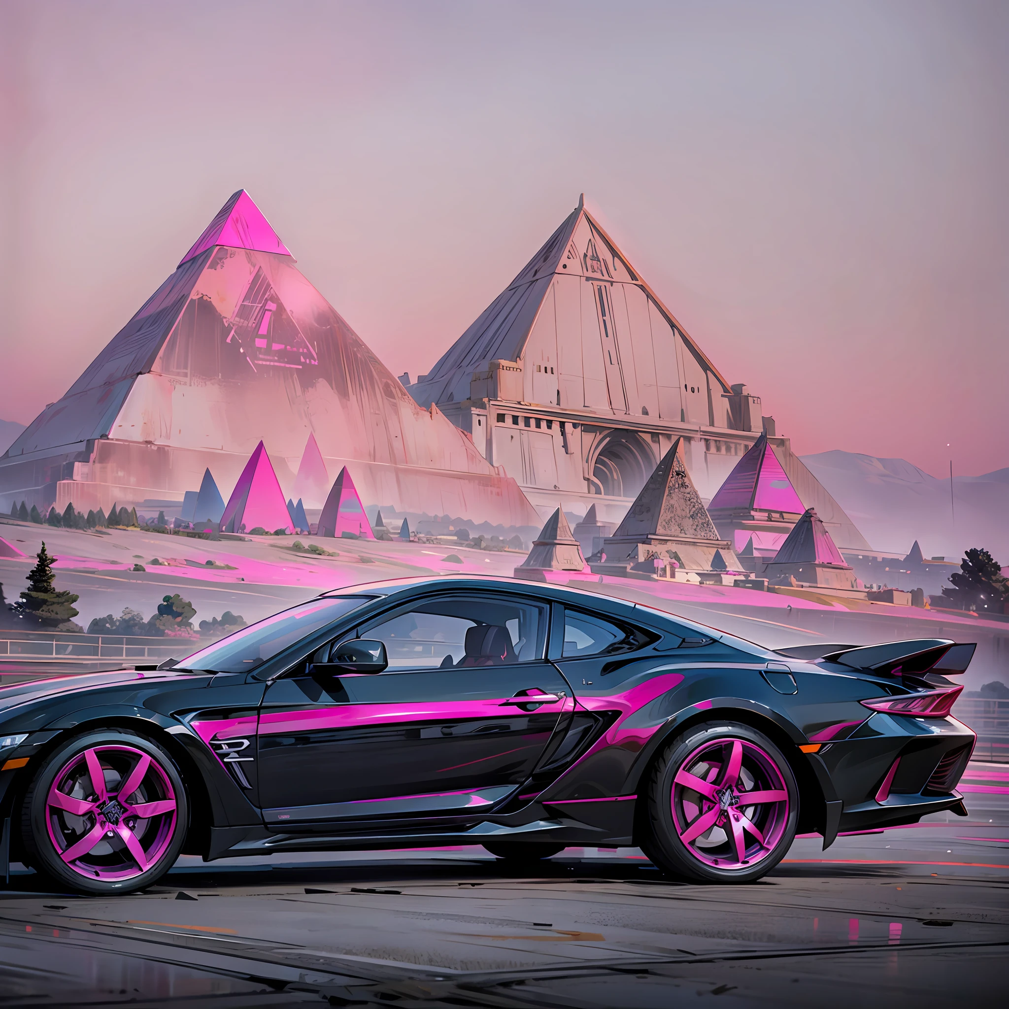 Tuned car with pyramids in the background, with pink sky --auto --s2