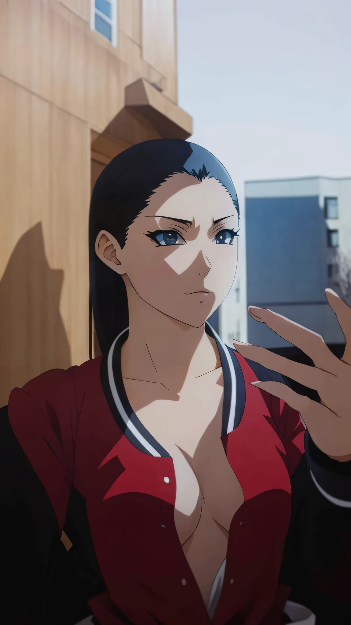 "(high resolution, anime style, masterpiece), detailed style, [style transferred: white skin], dynamic pose, dynamic angle, 1girl, [black hair], facial beauty, gradient scenery, watercolor touches."