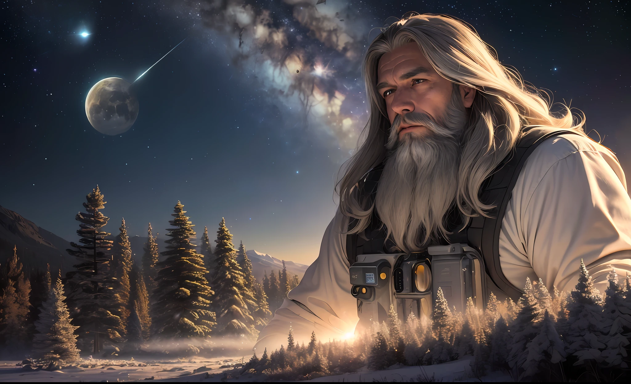((best quality)), ((masterpiece)), ((realistic)), ((45-year-old gray long bearded and haired man)), celestial body struck, comet impact, moon broken in half, surrounded by debris, fragmented, dawn dance, spring night, alien observer, elegant spacesuit, bright stars, forest mist below, at eye level, scenic, masterpiece