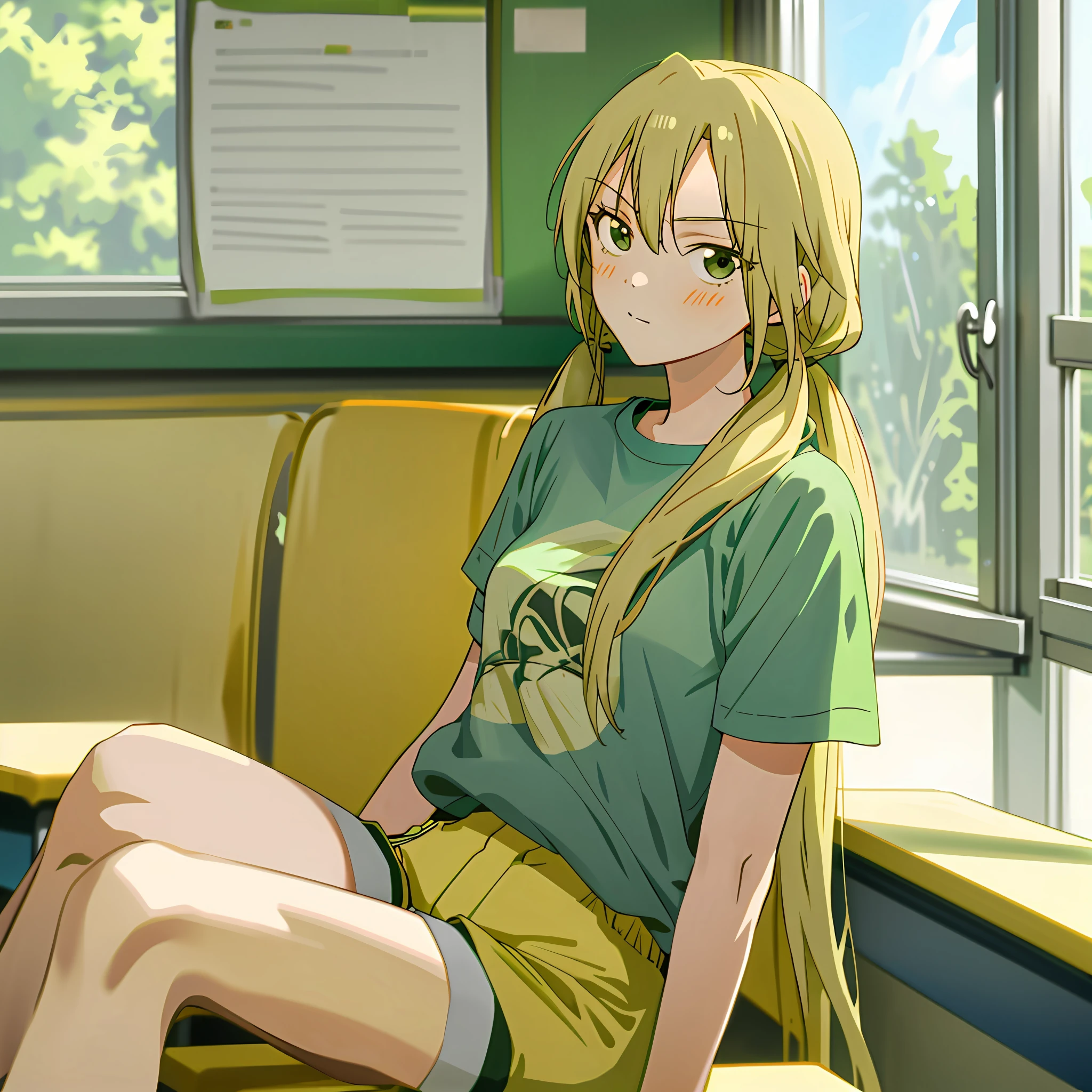 masterpiece, best quality, 1girl, solo, murashige_yuzuki, 1girl, solo, long hair, low twintails, green eyes, blonde hair, upper body, sitting, smug, t-shirt, short shorts, classroom, crossed leg, detailed leg