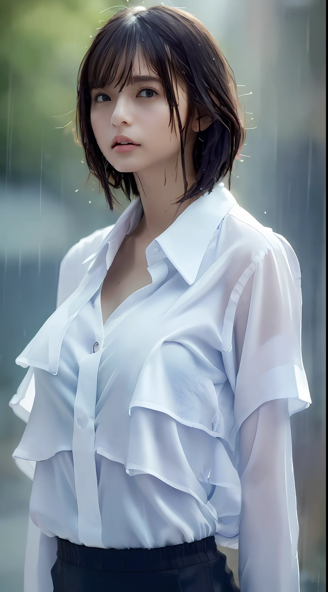 ((Best quality, 8k, Masterpiece :1.3)), Sharp focus :1.2, A pretty woman with perfect figure :1.4, Slender abs :1.2, ((Layered haircut, Big breasts :1.2)), (Wet white button up long shirt :1.1), (Rain, Street:1.2), Wet body :1.5, Highly detailed face and skin texture, Detailed eyes, Double eyelid