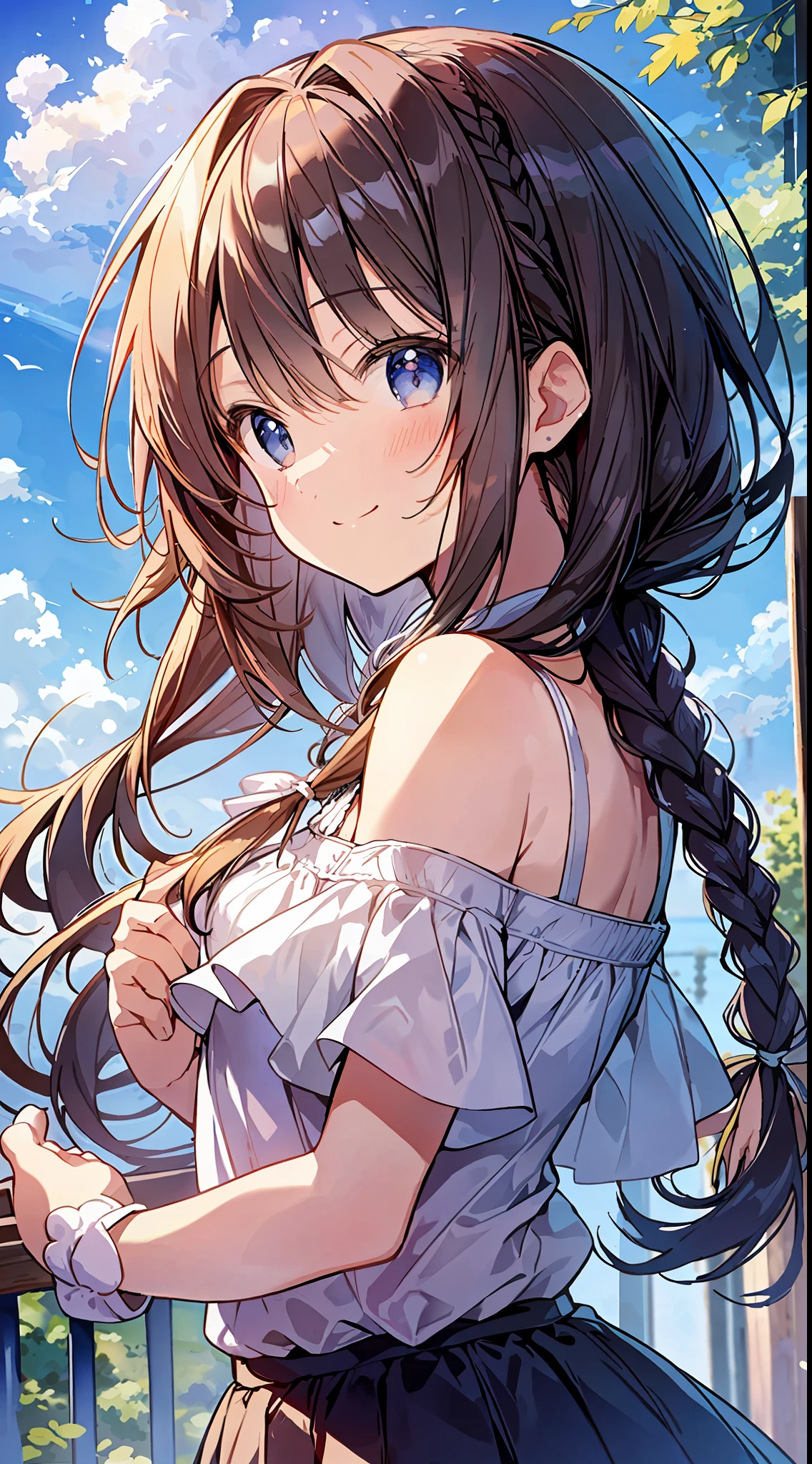 top quality, masterpiece, super high resolution, 8K, summer sky, early summer, (flared skirt, brauson, sneakers), shoujo manga style loli, a, soft line art, digital enhancement, shoujo manga touch, shoujo manga core, flowing fabric, close-up, (hair length and short braid to shoulders)))butt, soft painting, beautiful brunette hair, clear eyes, (((playful smile)), super detailed digital anime art, clear face depiction, super detailed shoujo manga character art, Super detailed manga style, high quality colors, gestures, natural scenery, looking up at the sky, foot angle