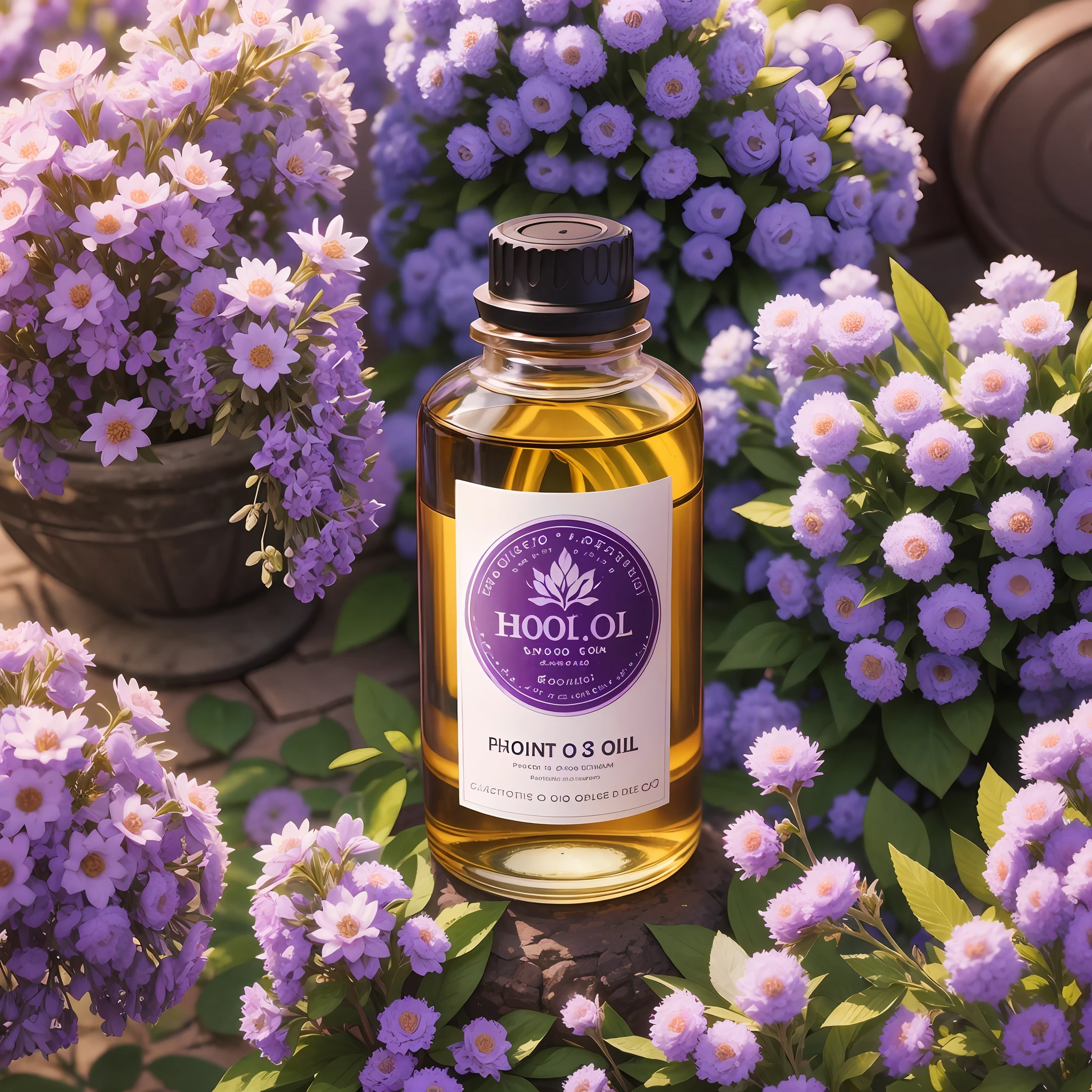 photograph of an essential oil package, unlabeled, on the background of plants, and shades of purple --auto --s2