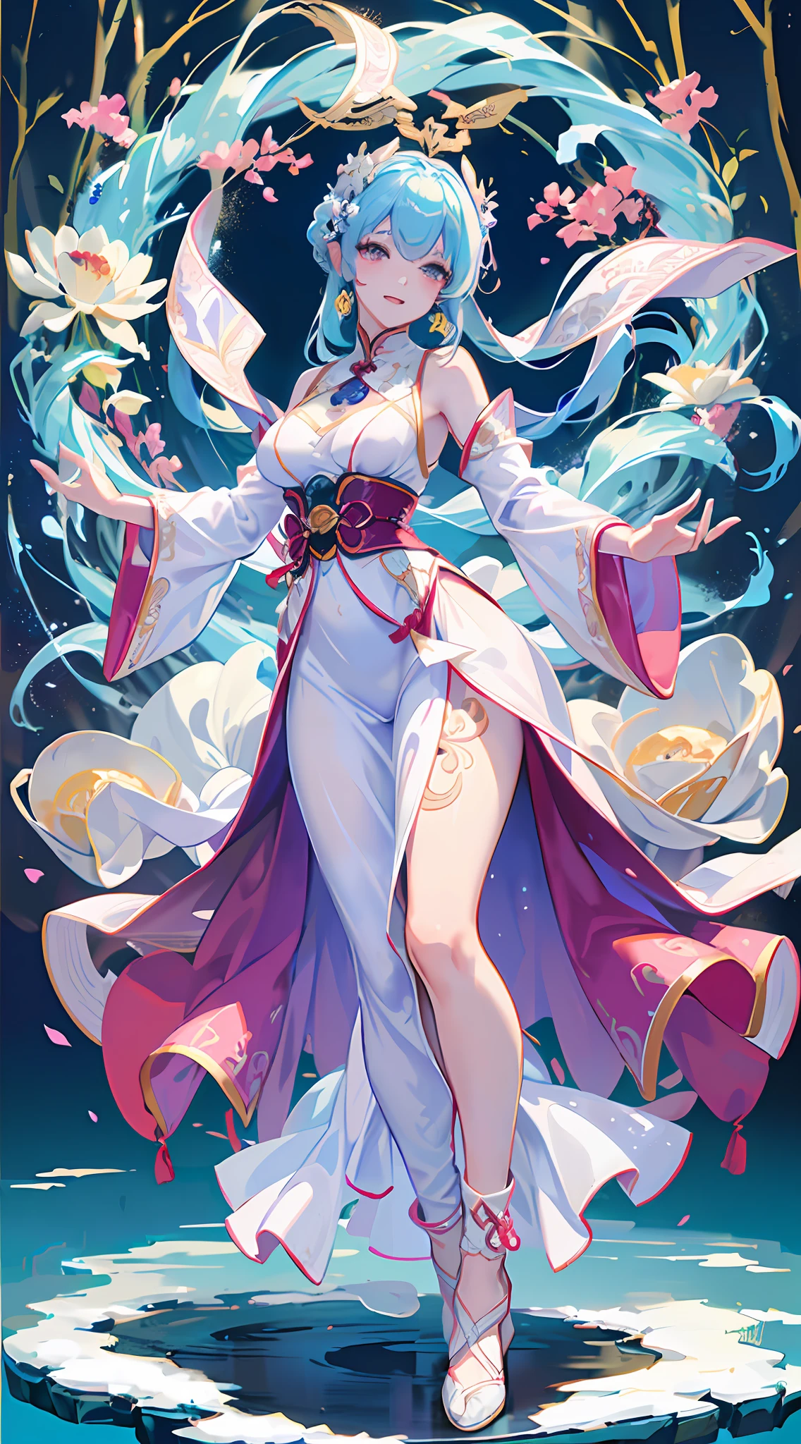 anime - style illustration of a woman in a white dress with blue hair and a flowing dress, onmyoji detailed art, alphonse mucha and rossdraws, extremely detailed artgerm, flowing magical robe, onmyoji, cushart krenz key art feminine, style of artgerm, rossdraws sakimimichan, ! dream artgerm