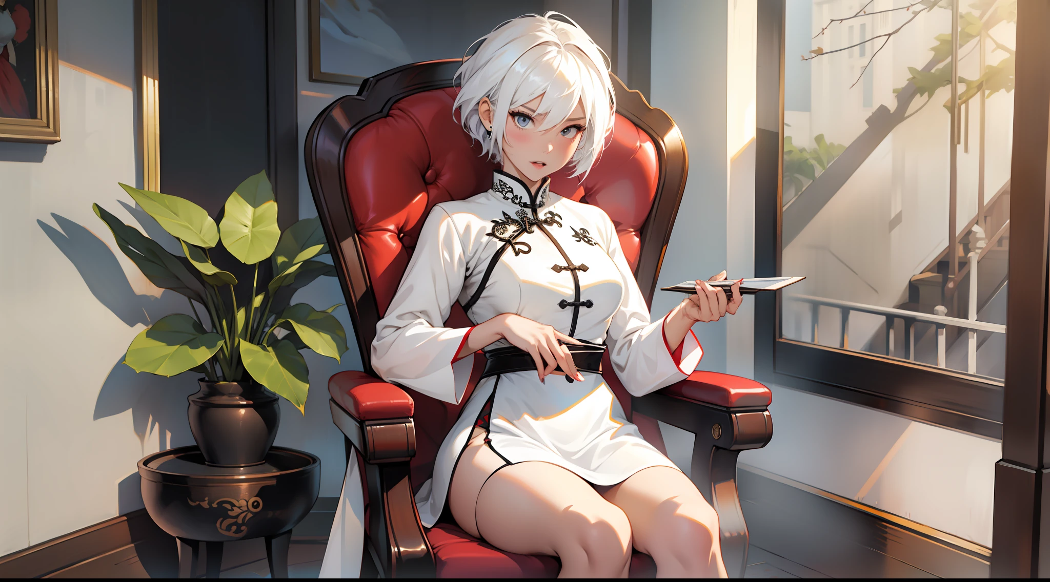 A girl with short white hair, white cheongsam, white high heels, thin waist, slender legs, holding a white fan, high-end chair, surprised, with her mouth open