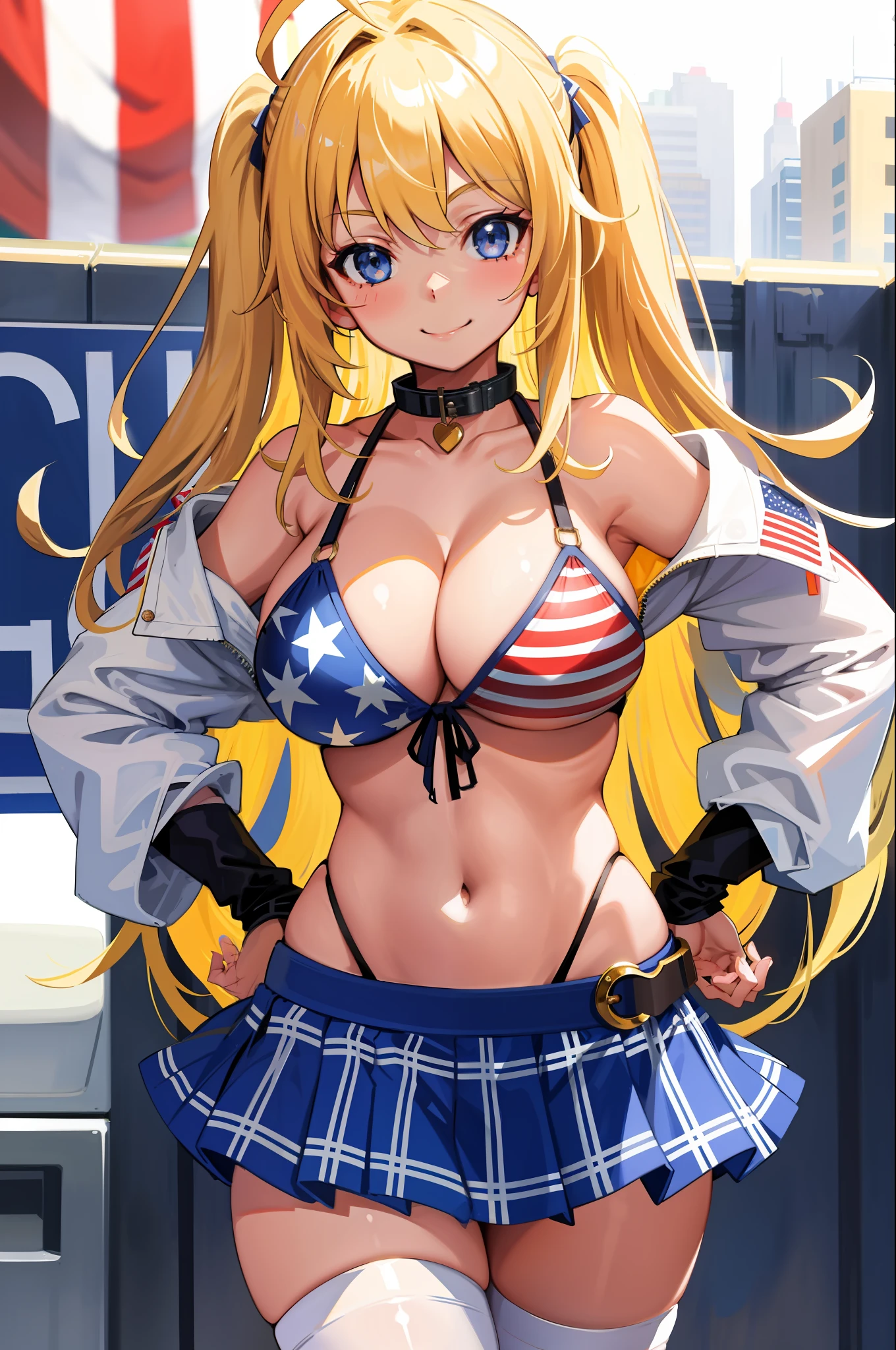 masterpiece, 1 girl, solo, best quality, highres, blonde hair, ahoge, blue eyes, american flag bikini, mini plaid skirt, collar, bikini top only, smile, cowboy shot, hand on hip, outdoors, white thighhighs, large breasts, cleavage, open jacket, sleeves past wrists