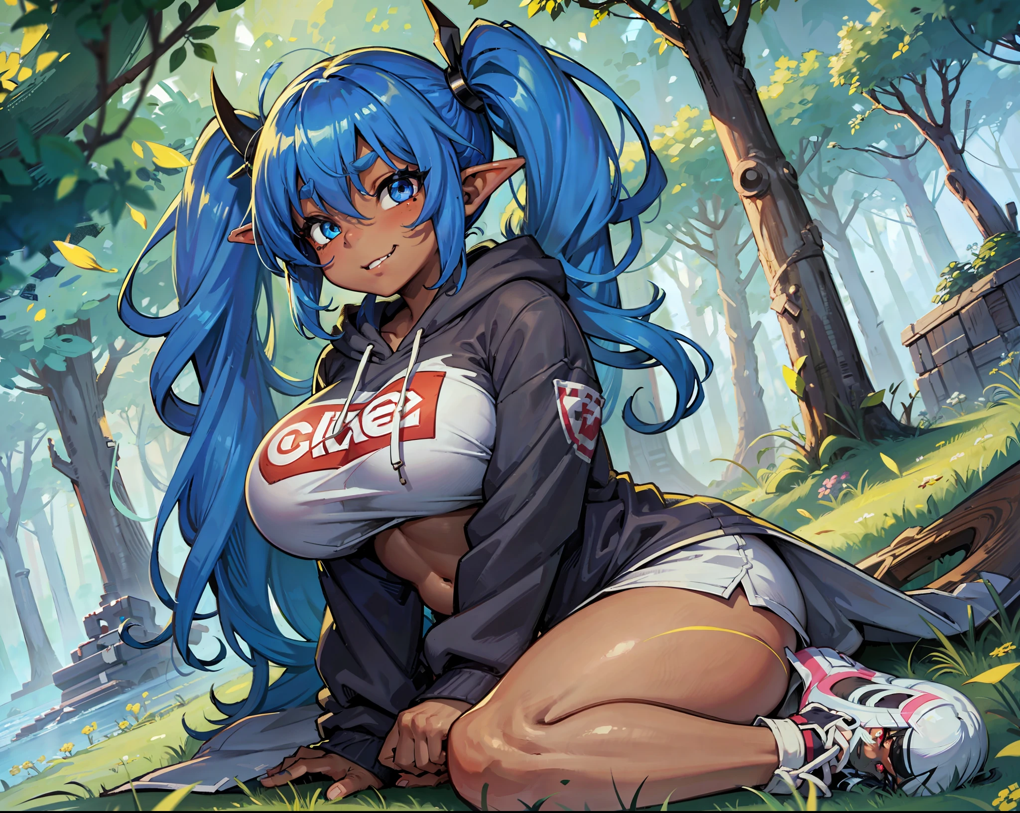 goblin girl, blue hair, very long hair, dark_ skin, dark skin goblin, wide body, very dark skin girl, busty, hair between eyes, twintails, chubby, chubby girl, chubby girl goblin, wide hips, blue eyes, mole, mole on chest, age up, lips, big lips, thick eyebrows, body with fur, tusk, short girl, short goblin girl twintails, short girl, highly detailed, high quality, best quality, 8k, full body, fat, fat girl, fat goblin, smile, casual clothes, pants, sneakers, neckline, waving, lying down, sexy girl, Hoodie