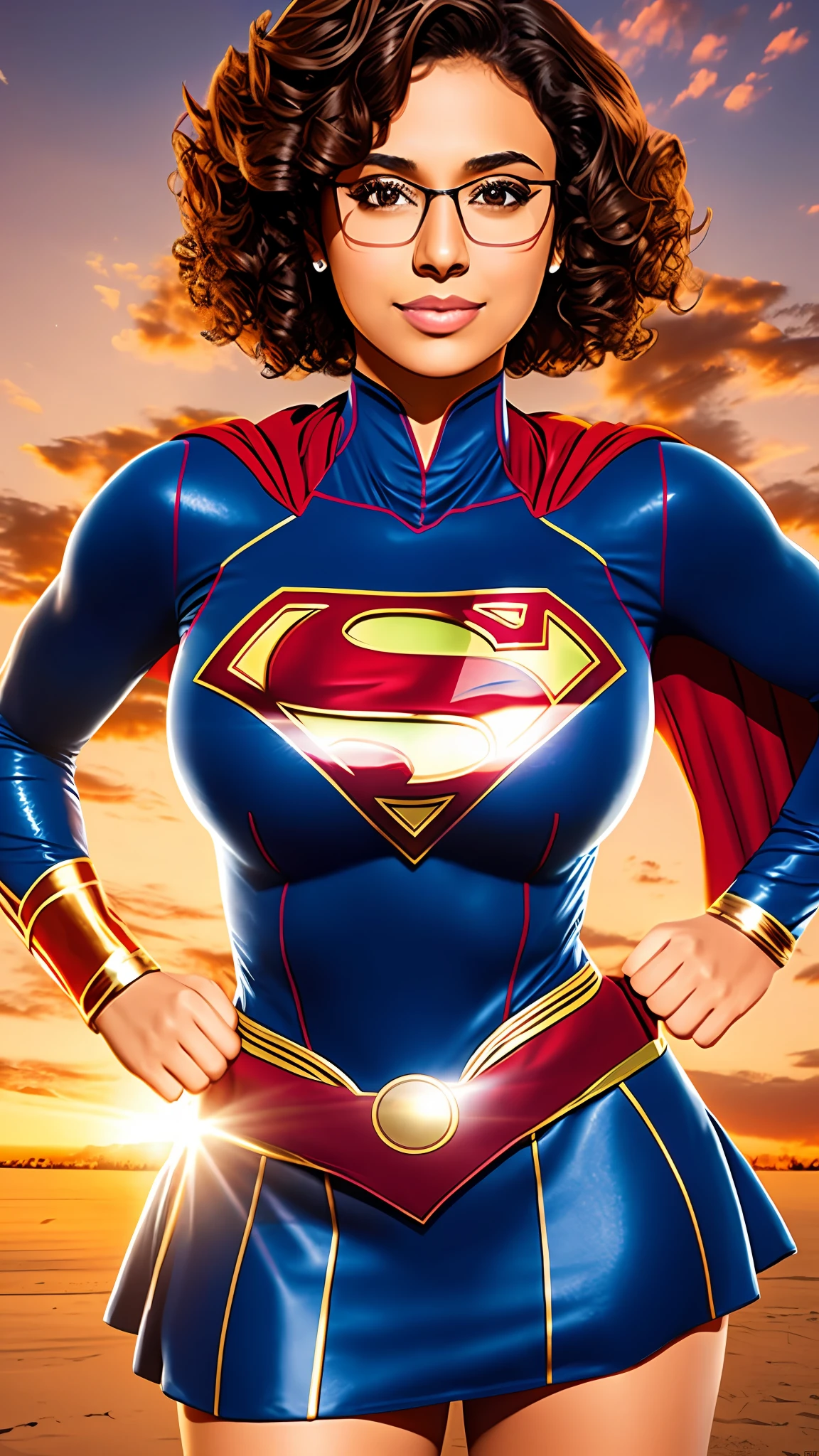 Brown woman, short curly hair, glasses, body set big breasts, Supergirl costume dress