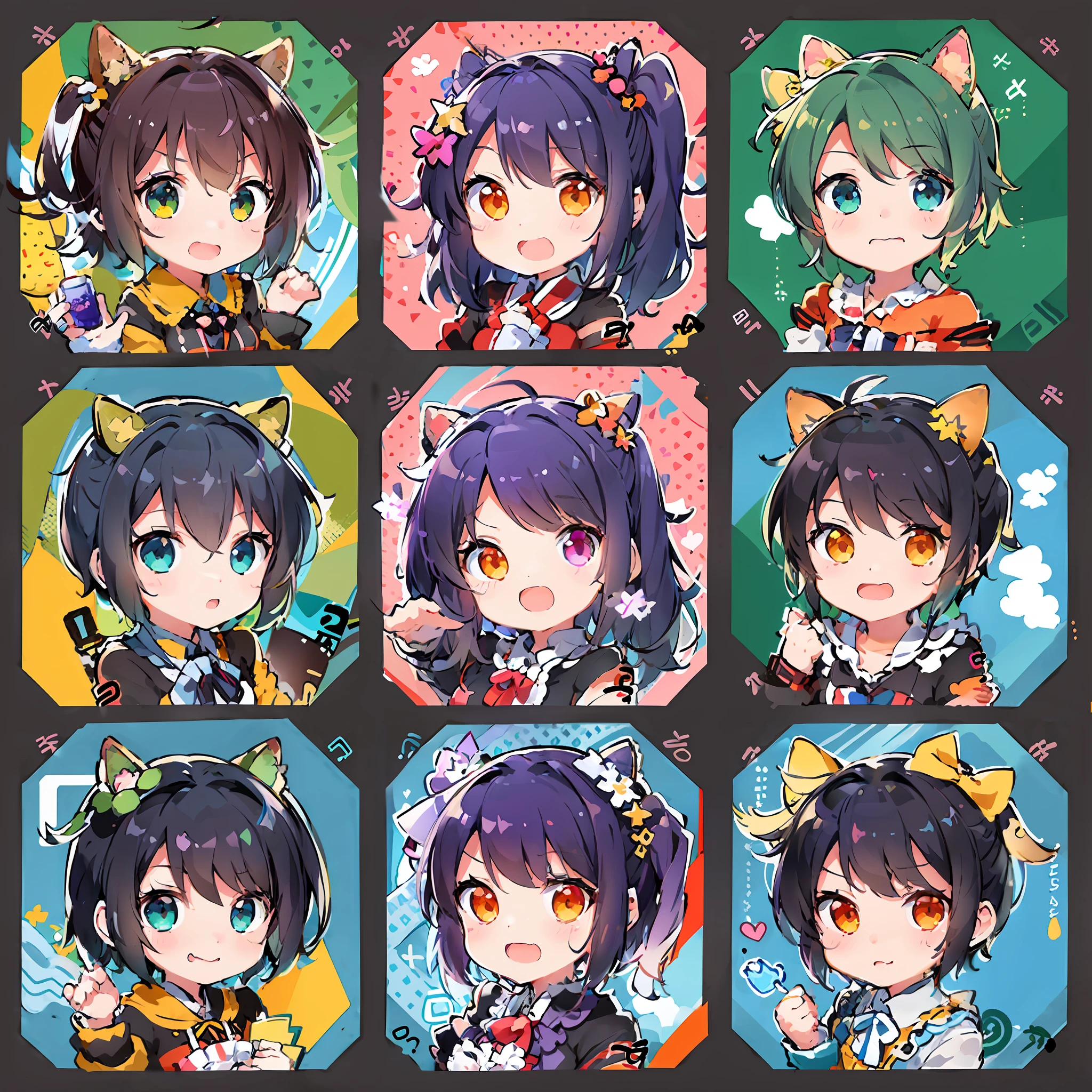 The character's costume is summery, 6 anime character stickers with different expressions, fleet collection style, anime moe art style, girls frontline style, cute art style, Mihoyo art style, official artwork, chibi art, pixiv, style as Nendoroid, cute artwork, 8K!!, various poses, Trending on Art Station pixiv