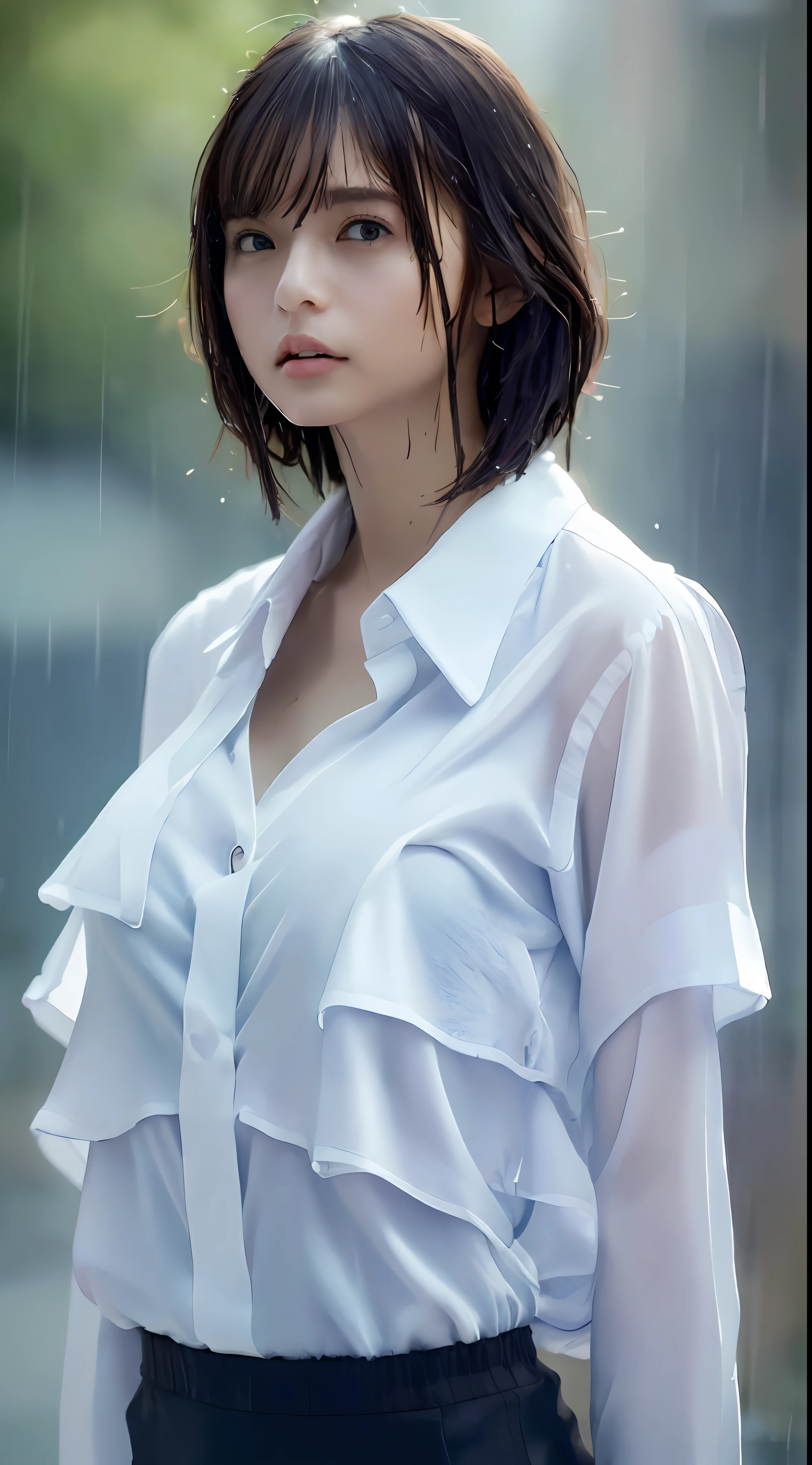 ((Best quality, 8k, Masterpiece :1.3)), Sharp focus :1.2, A pretty woman with perfect figure :1.4, Slender abs :1.2, ((Layered haircut, Big breasts :1.2)), (Wet white button up long shirt :1.1), (Rain, Street:1.2), Wet body :1.5, Highly detailed face and skin texture, Detailed eyes, Double eyelid