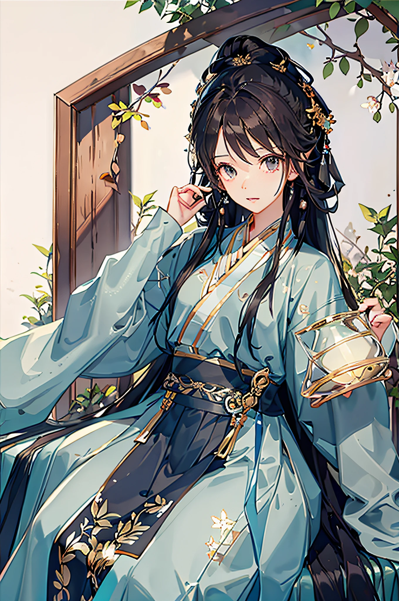 Girls Hanfu black silk coiled hair in a glass jar