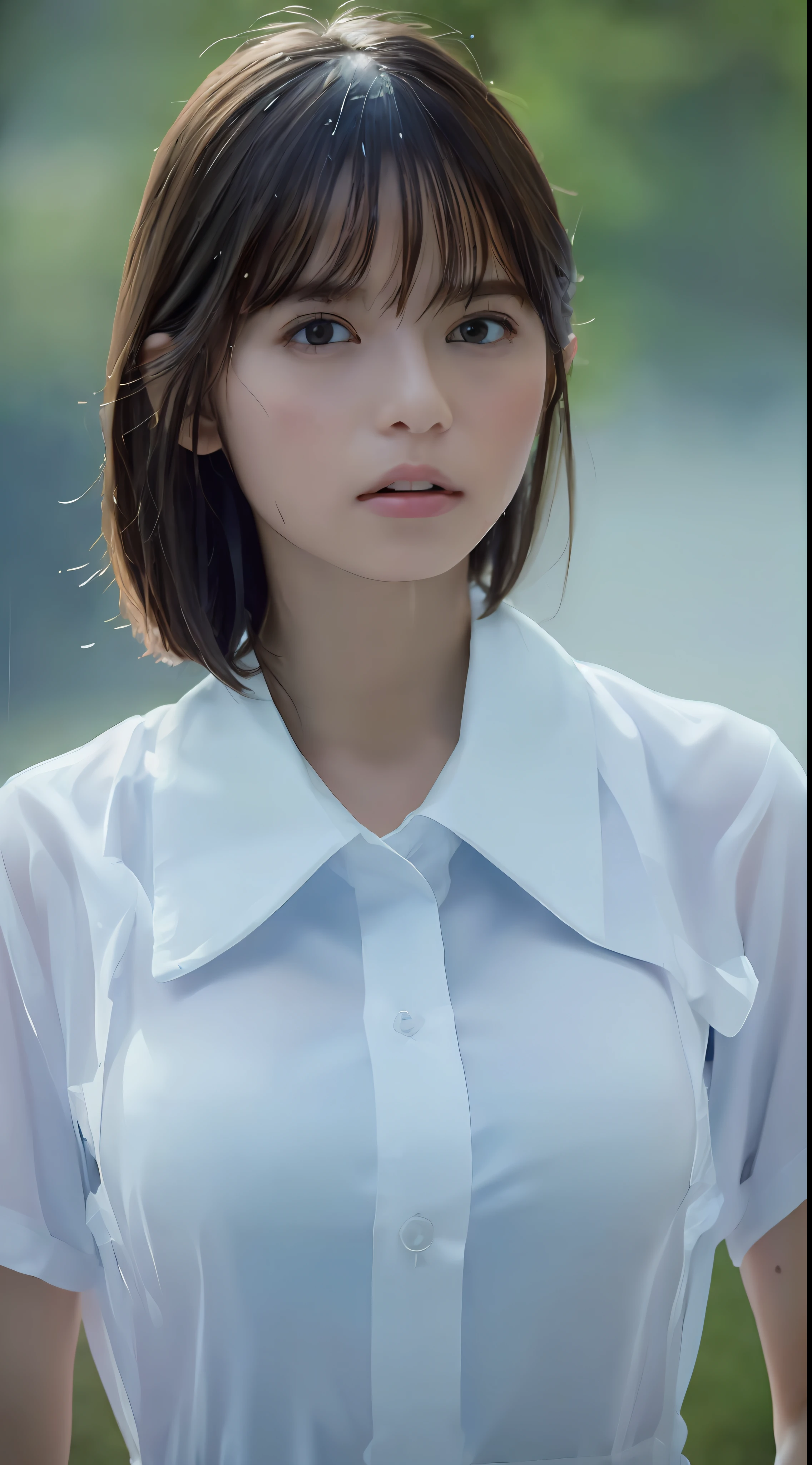 ((Best quality, 8k, Masterpiece :1.3)), Sharp focus :1.2, A pretty woman with perfect figure :1.4, Slender abs :1.2, ((Layered haircut, Big breasts :1.2)), (Wet white button up long shirt :1.1), (Rain, Street:1.2), Wet body :1.5, Highly detailed face and skin texture, Detailed eyes, Double eyelid