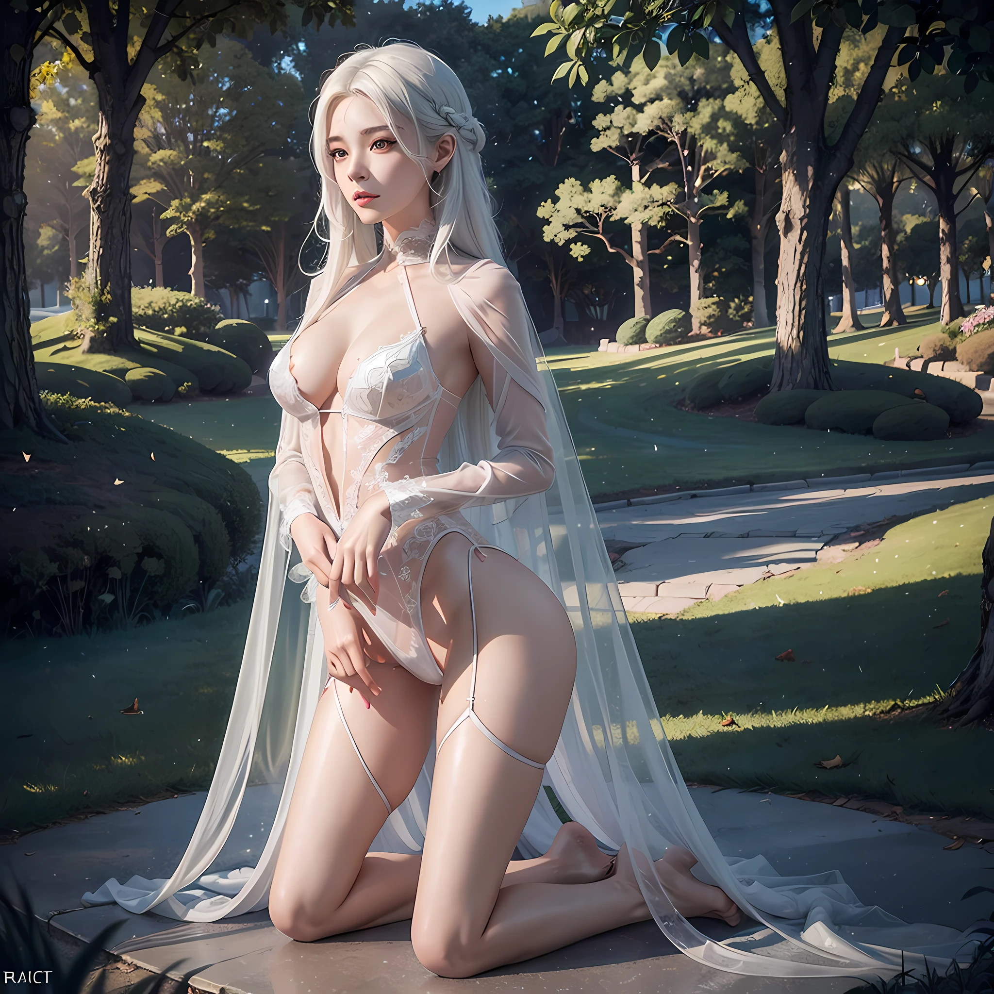 Surrealist female portrait, fantasy art, photorealism, dynamic lighting, artstation, poster, volumetric lighting, very detailed faces, 8k, transparent lingerie, formal wear, 1girl, in the park, transparent sexy clothes, long hair, white hair, exposed, giant breasts, black silk, buttocks, ass, kneeling position