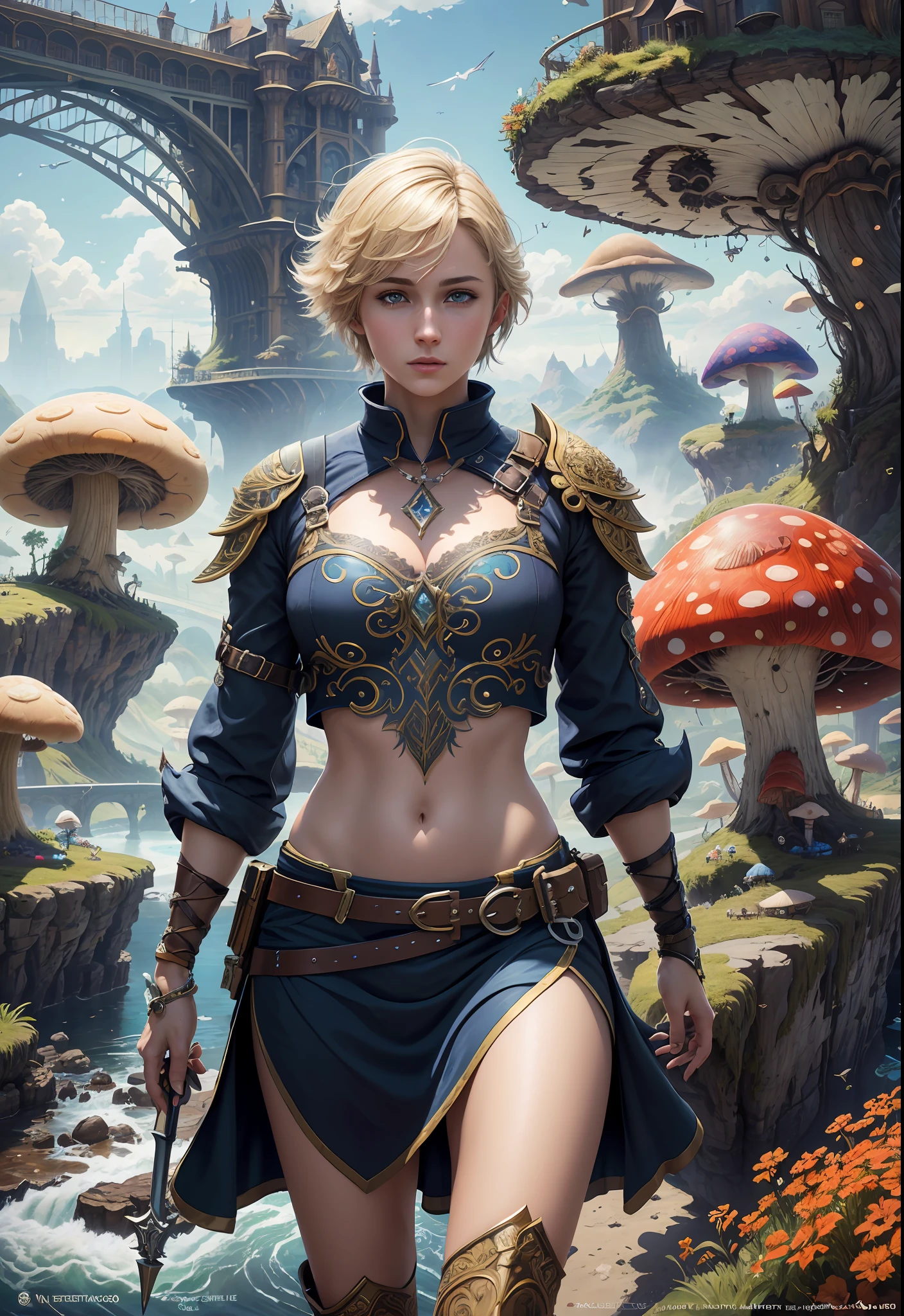 (((Multiplayer, Man and Woman))), Best Quality, Realistic, Realistic, Award-Winning Illustrations, (Intricate Details: 1.2), (Fine Details), (Intricate Details), (Cinematic Light, Best Quality Backlight), Clear Lines, Sharp Focus, Official Art, Unity 8k Wallpaper, Ridiculous, Incredibly Ridiculous, Fantasy Art, RTX, ((Award-winning Triangle Studio Close-up Photo)), 1 Boy, (Shut Up), Best Quality, 4K, beautiful mysterious creatures, blond male, flying, surrealism, masterpiece of NCWINTERS, masterpiece in mysterious country town, masterpiece, intricate details, ff14style, urban painting, bridge, river, giant mushroom, landscape, bright colors,