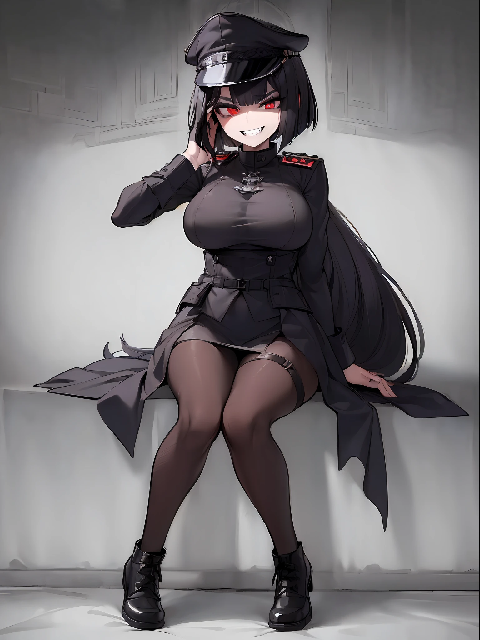 ((Full body):2) (({Only 1/27-year-old Gothic woman}):1.3):{((official black leather uniform of the German army, wearing a black leather army hat)):1.3), ((large bust):1.6), tall woman, ((black bob hair, red eyes):1.3), ((sadistic smile):1.3), ((sitting with her back to the wall and bent knees)}; 16k, ((best quality): 1.4), masterpiece, UHD, strong makeup, horizontal seat, looking at camera, constricted pupils, (nipple lozenges: 1), ((SFW))